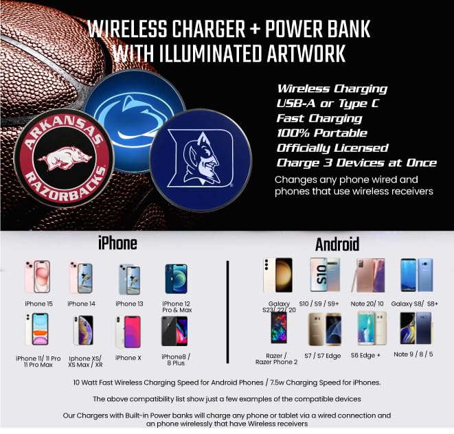Official University of Alabama Crimson Tide Wireless Charger with LED Logo - 10000mAh Portable Power Bank for iPhone & Android - Fast Wireless & Wired Charging - Perfect for Dorms, Game Days & Travel (Officially Licensed)