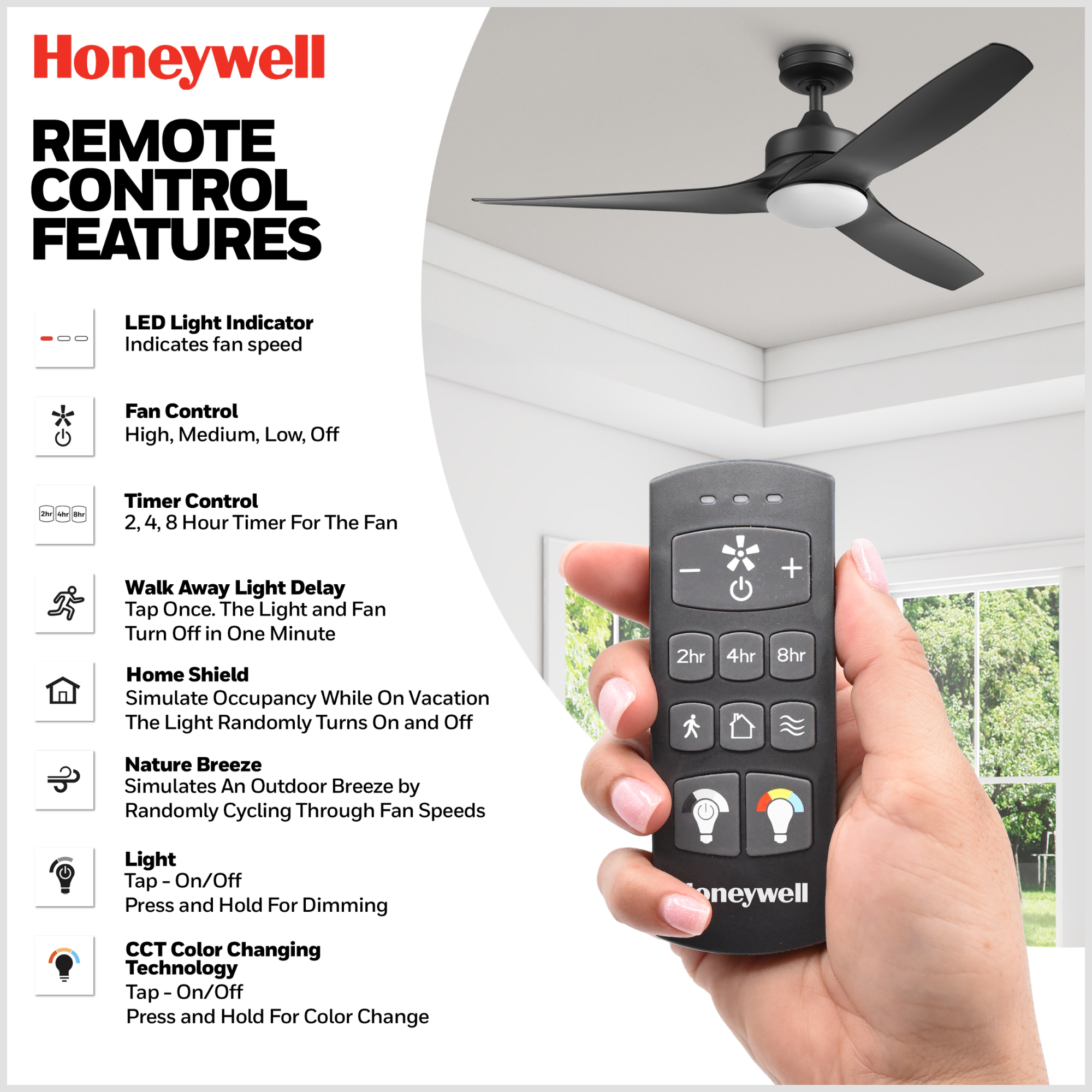 52 Inch Honeywell Lynton Matte Black Ceiling Fan with Light Kit & Remote Control - Quiet Reversible Motor for Bedroom, Living Room, and Outdoor Covered Patio