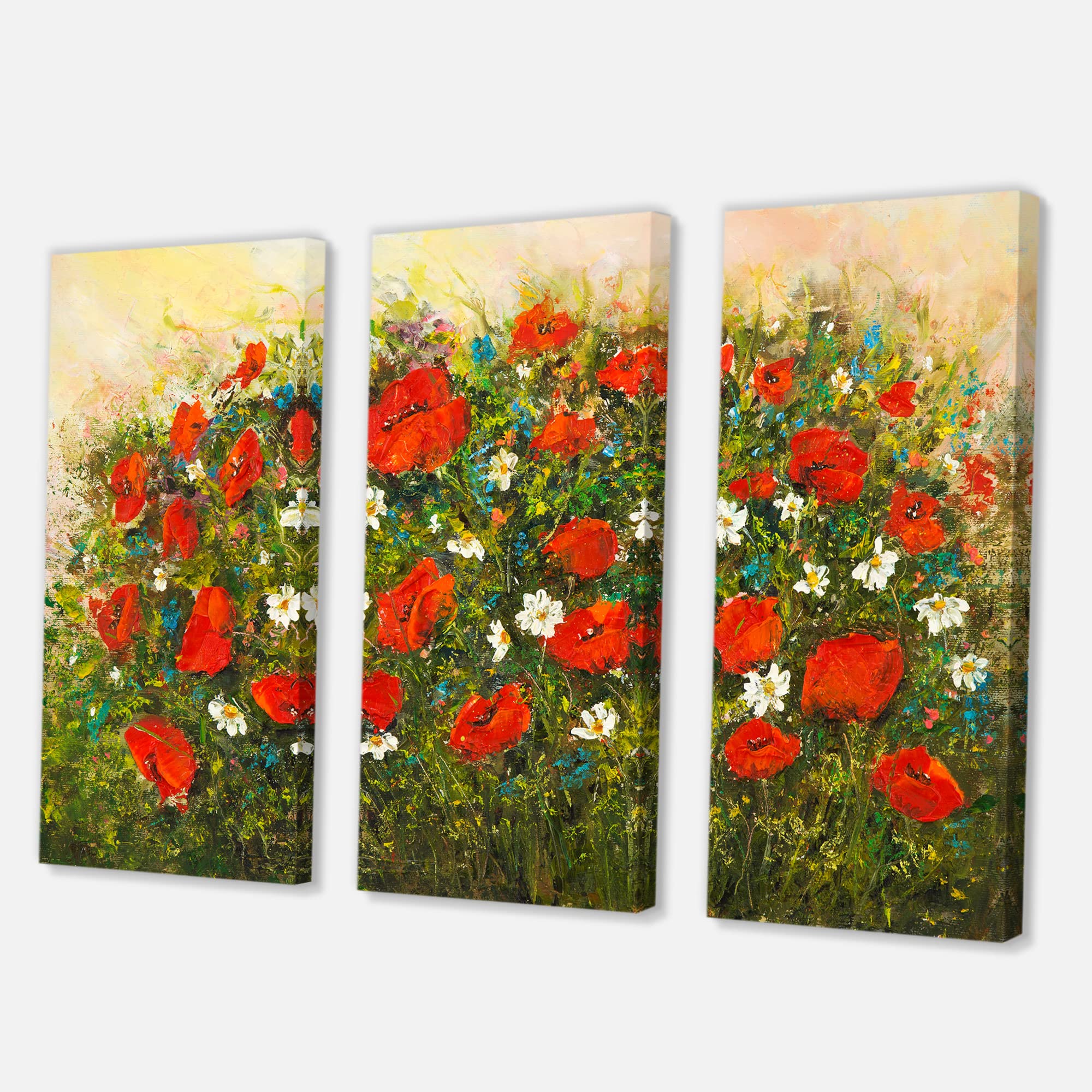 Red Wildflowers In The Fields Traditional Canvas Wall Art - Hand Painted Landscape Painting - Farmhouse Decor for Living Room, Bedroom & Office