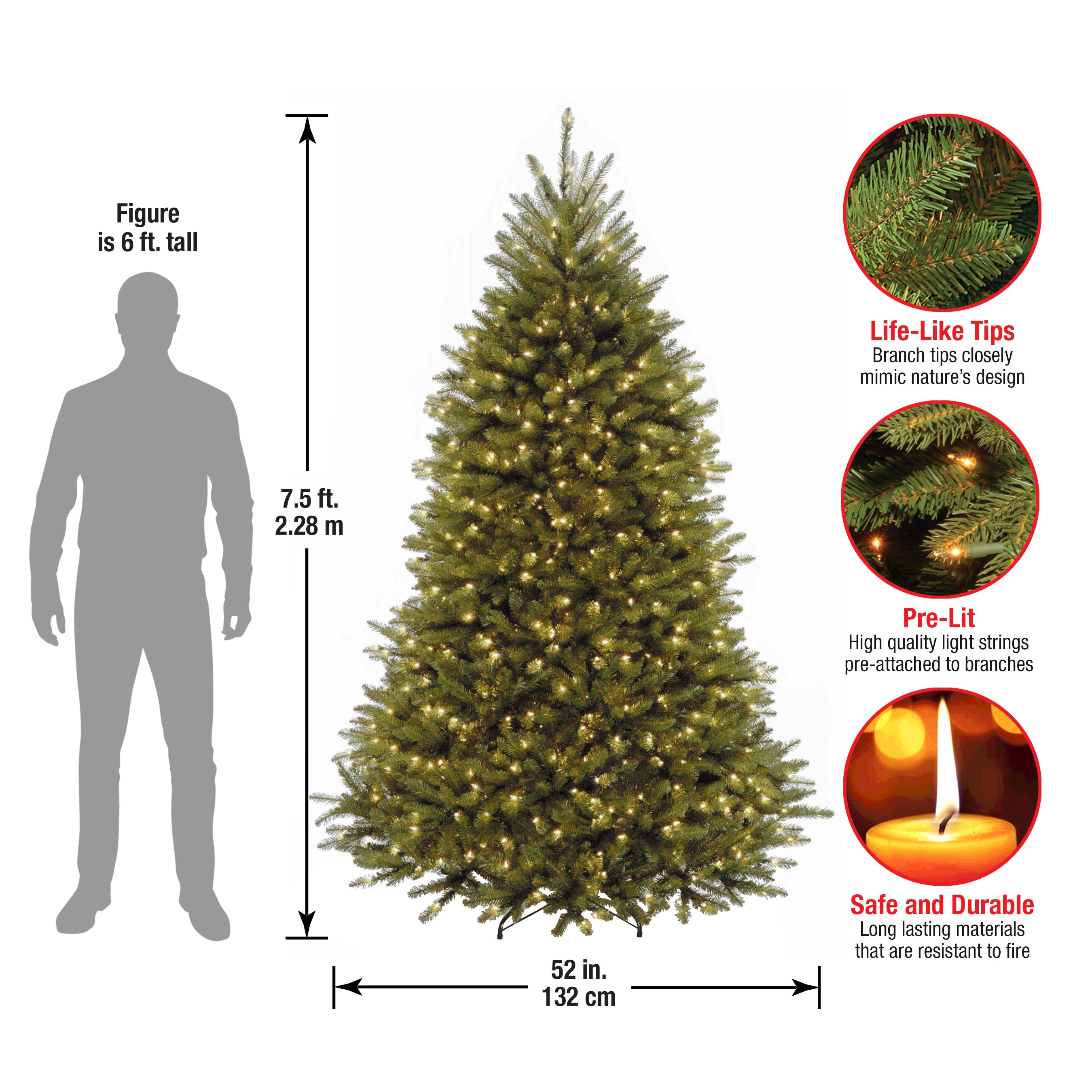 7.5 ft Pre-Lit Dunhill Fir Artificial Christmas Tree with 500 Warm White LED Lights - Perfect for Living Room, Office, and Holiday Decorations