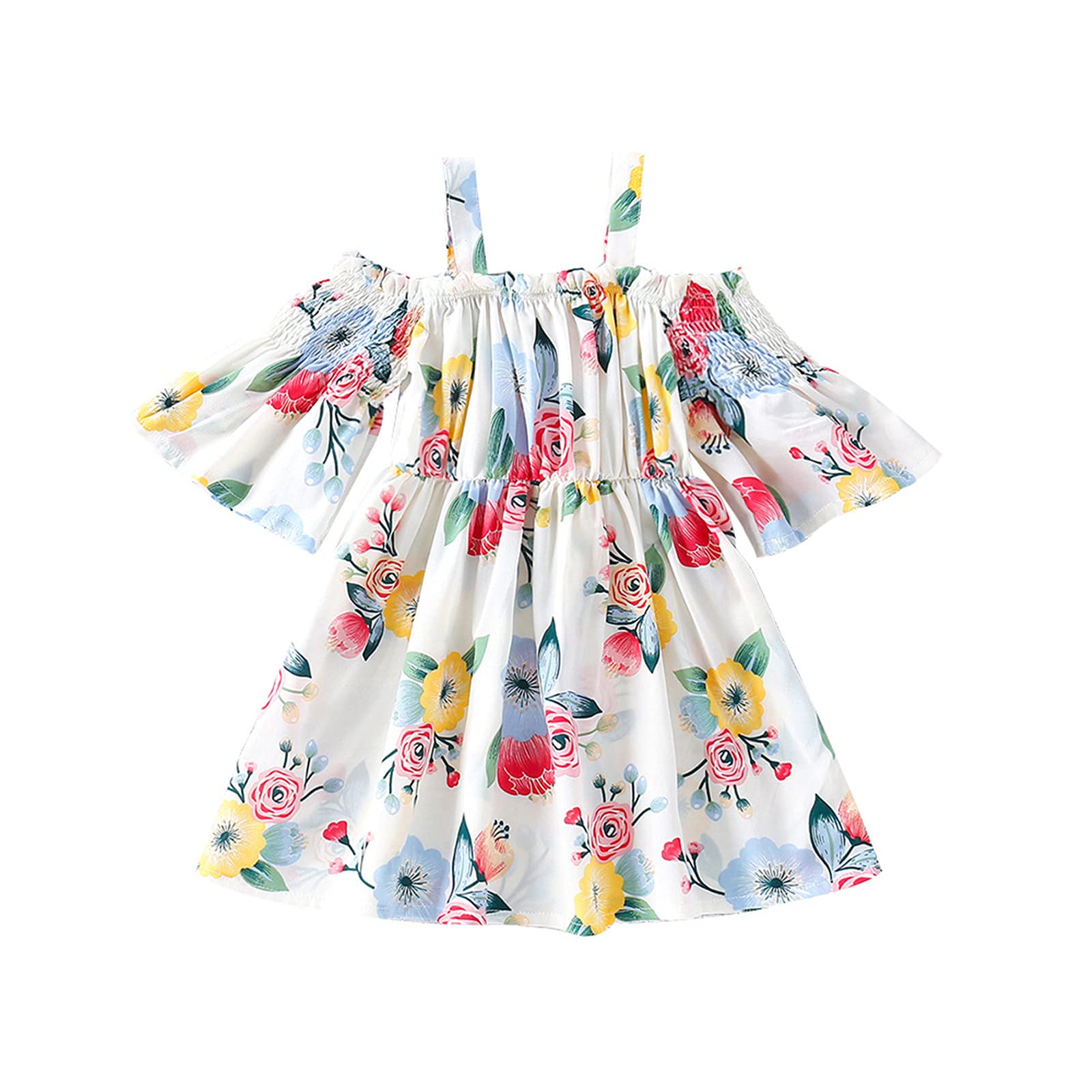 Yiqinyuan Summer Mini Cotton Printed Ruffle Dress for Girls - Korean Style White Lovely Fashion Sling Dress | Perfect for Beach Outings, Birthday Parties & Casual Wear