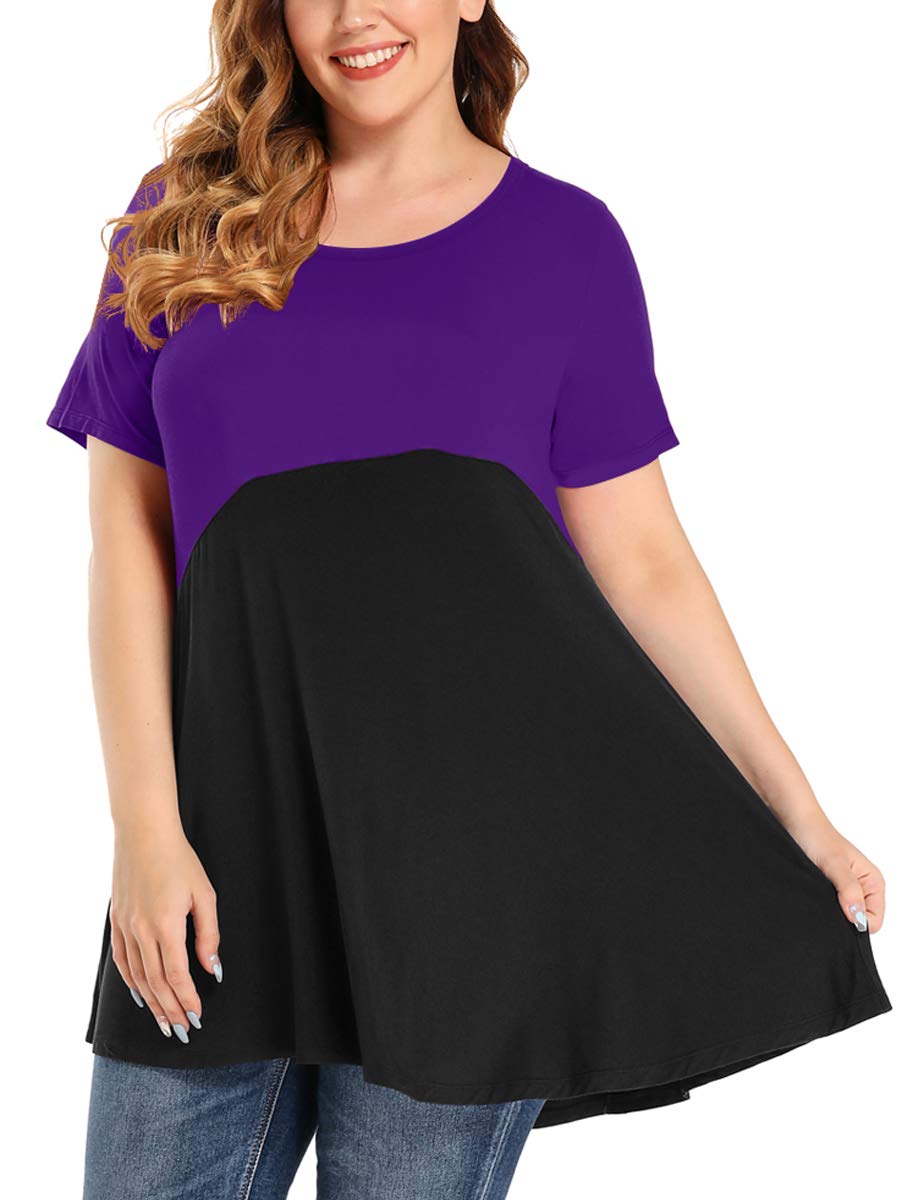 MONNURO Women's Plus Size Short Sleeve Tunic Top - Color Block Casual Loose Swing Tee Shirt for Summer | Comfortable Tunic Blouse to Wear with Leggings for Work, Travel & Everyday Outfits