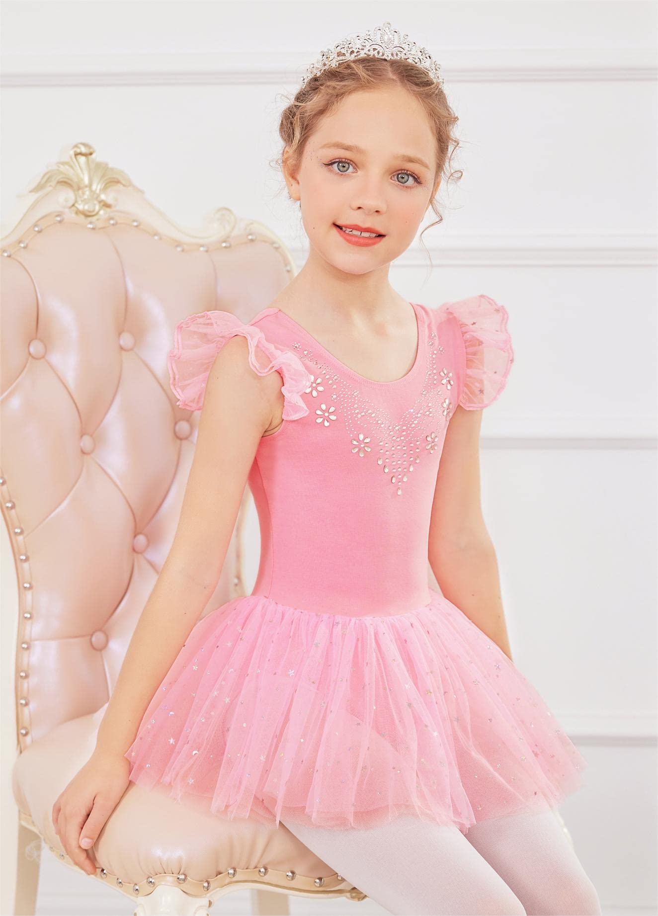 Zaclotre Girls Ballet Leotard with Ruffle Sleeves & Shiny Tutu Skirt - Dance Costume for Ballet, Gymnastics, Recital & Performance - Perfect for Toddler Ballerinas