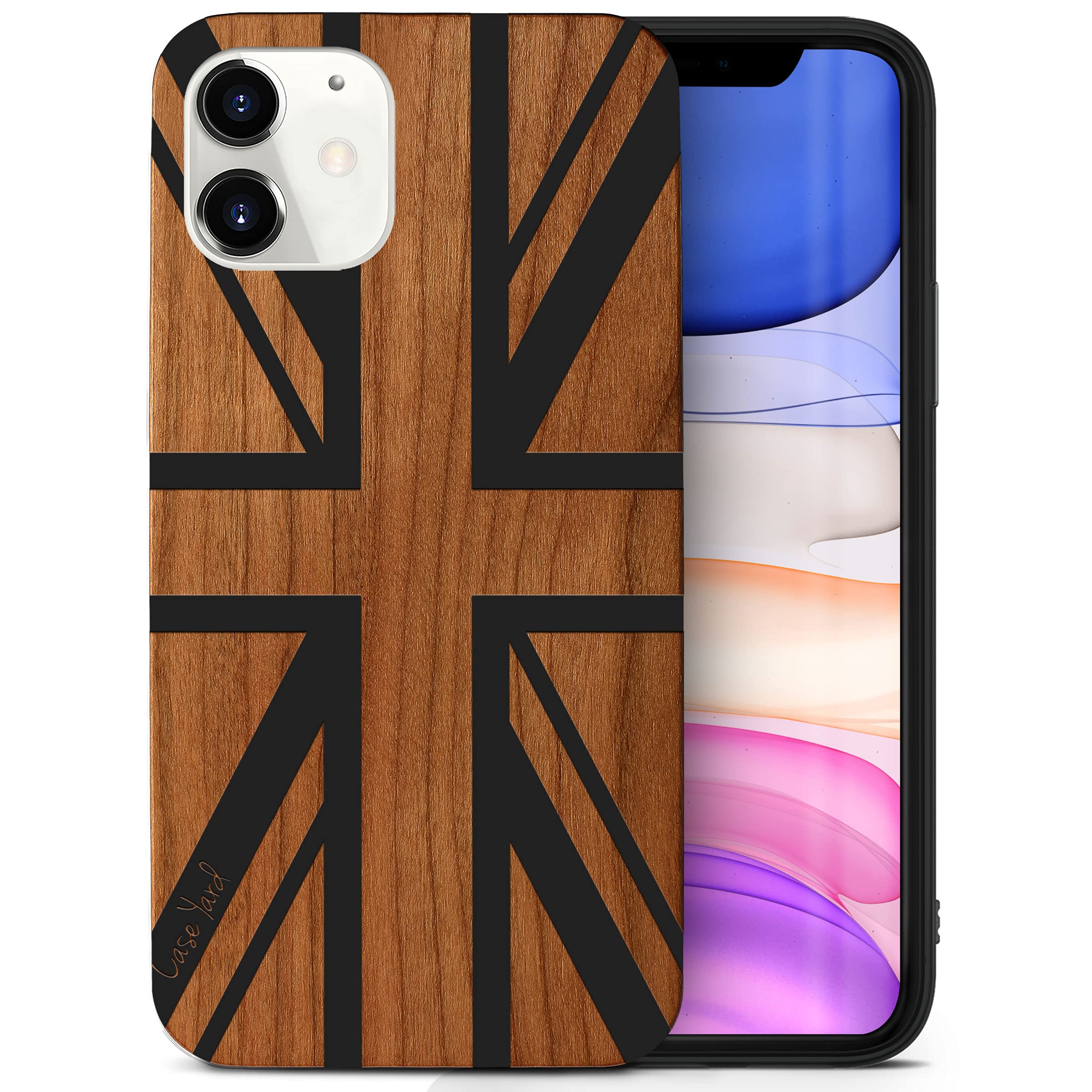 Wooden iPhone 11 Case with Laser Engraved Union Jack Design - Shockproof Slim Fit Protective Cover for Men & Women | Perfect for Everyday Use, Travel & Gift Giving