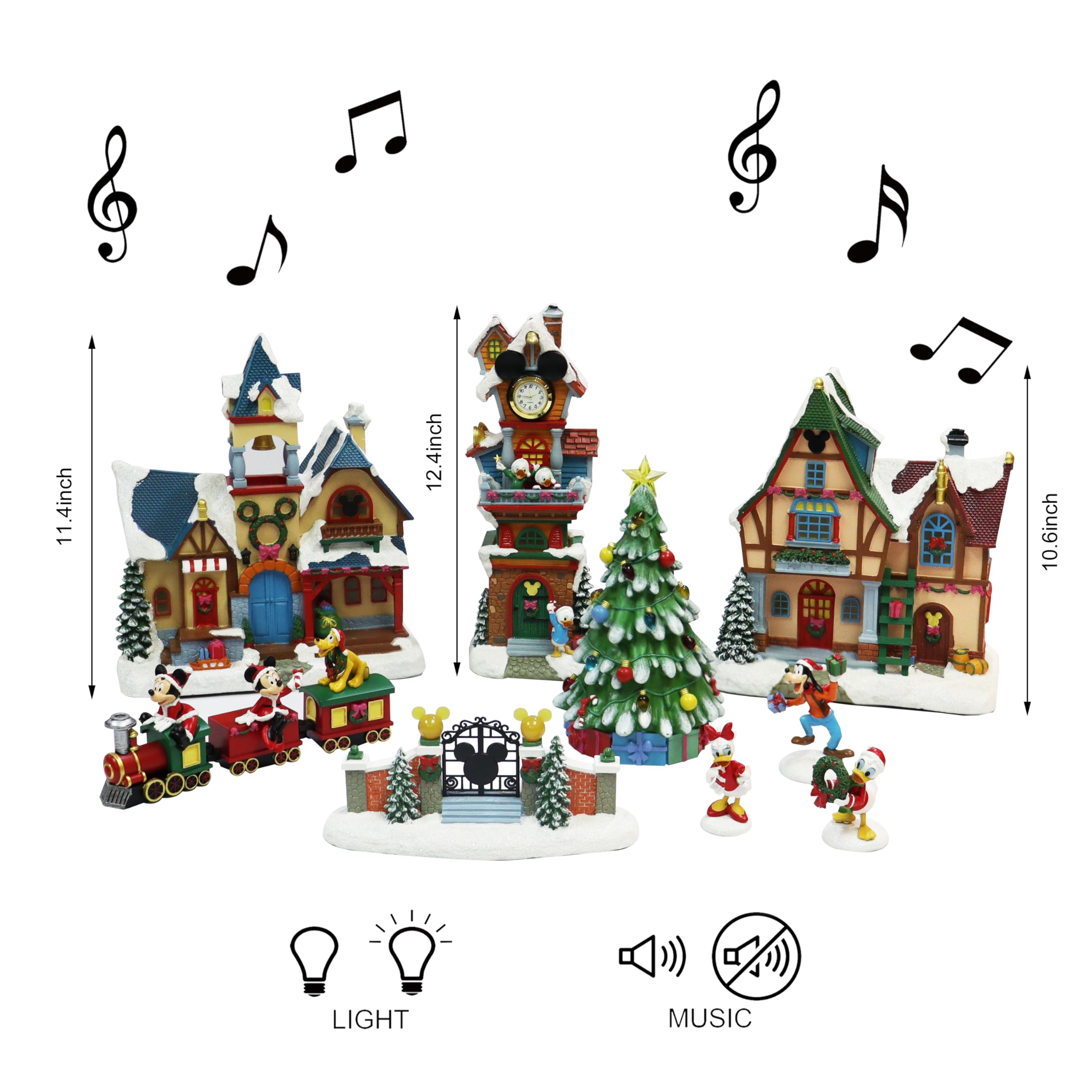 13-Piece Disney Characters & Christmas Buildings Set with Music, LED Lights & Timer – Perfect for Holiday Decorations & Disney-Themed Parties