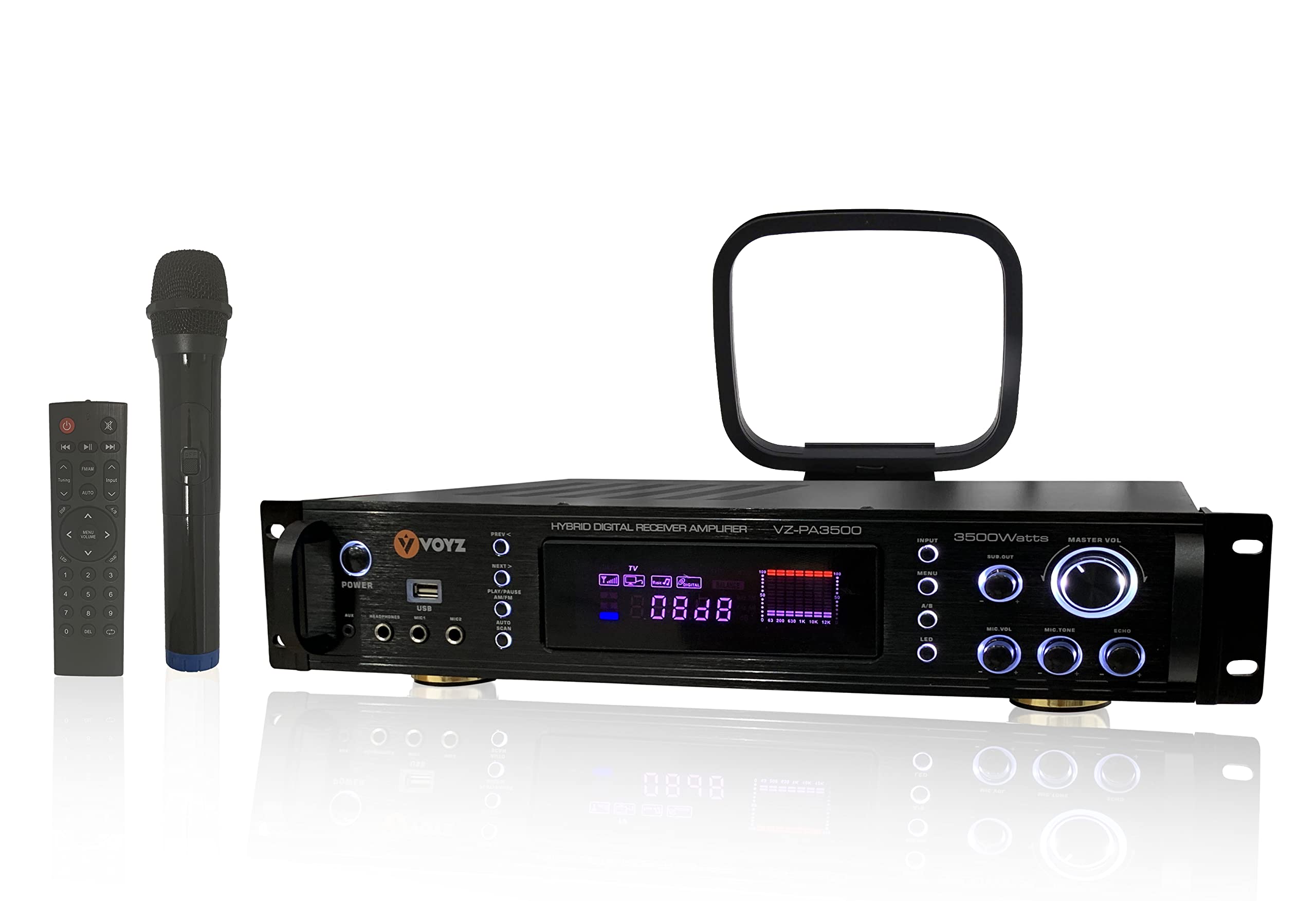 VOYZ Wireless Bluetooth Digital Home Stereo Amplifier - 3500W Hybrid Multi-Channel Power Amplifier w/ AM/FM Radio, MP3/USB, AUX, RCA, Karaoke Mic & Remote - Perfect for Home Theater, Karaoke Parties & Music Streaming