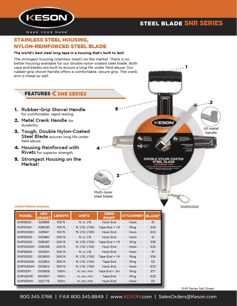 Keson SNR18100 100-Foot Nylon-Reinforced Steel Tape Measure with Stainless Steel Housing & Hook End - Accurate ft/in/1/8