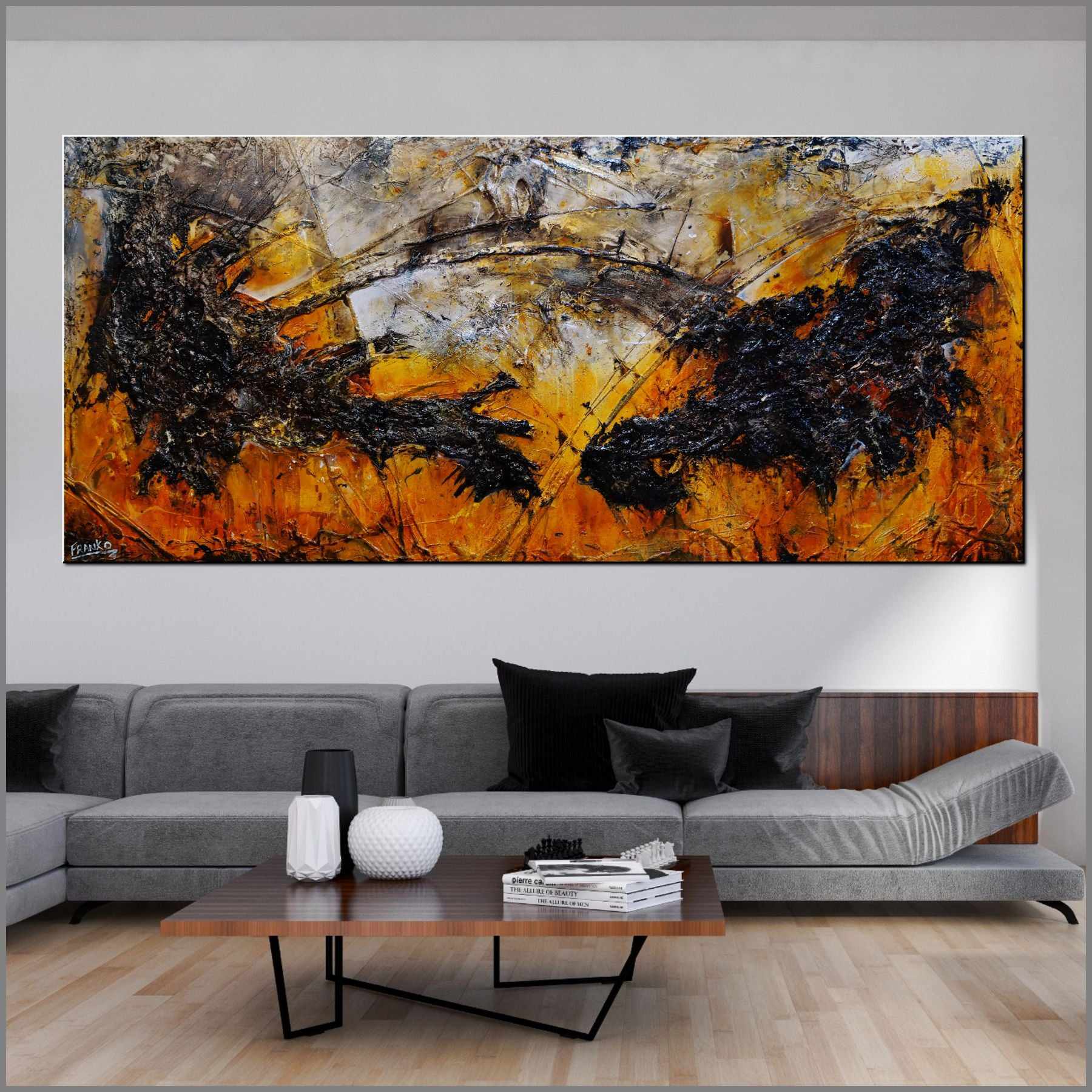 Loaded Sienna 270cm x 120cm Black Textured Abstract Canvas Painting - Modern Wall Art for Living Room, Bedroom & Office Decor