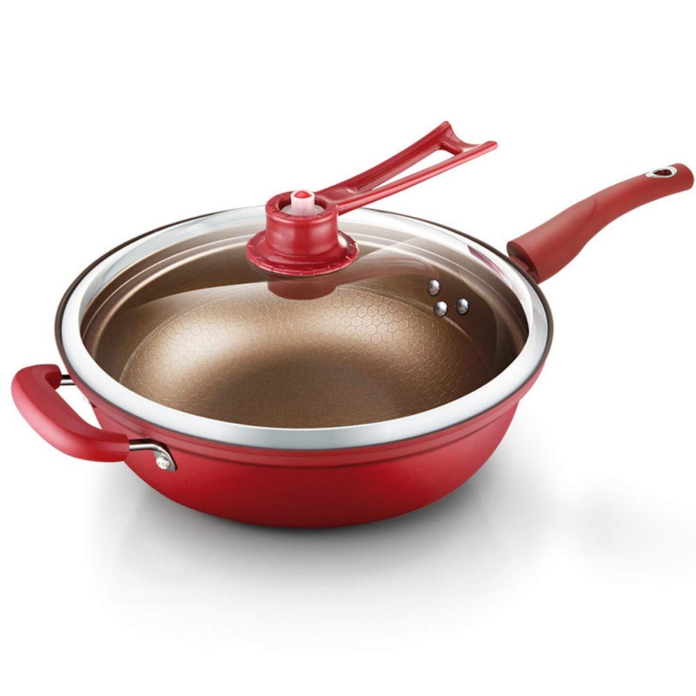 32cm Iron Frying Pan - Nonstick Vacuum Insulated Wok with Glass Lid & Upright Handle - Healthy Cooking for Stir Fry, Sauté, Boiling & Steaming - Perfect for Home Kitchen, Restaurant & Outdoor Camping