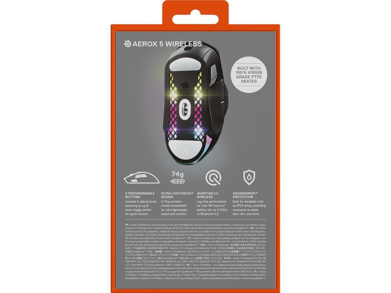 SteelSeries Aerox 5 Wireless RGB Gaming Mouse - Ultra-Lightweight Water Resistant Design with 18K DPI TrueMove Air Sensor - 9 Programmable Buttons for PC/Mac Gaming (Bluetooth/2.4GHz) - Perfect for FPS, MOBA & Esports Competitions