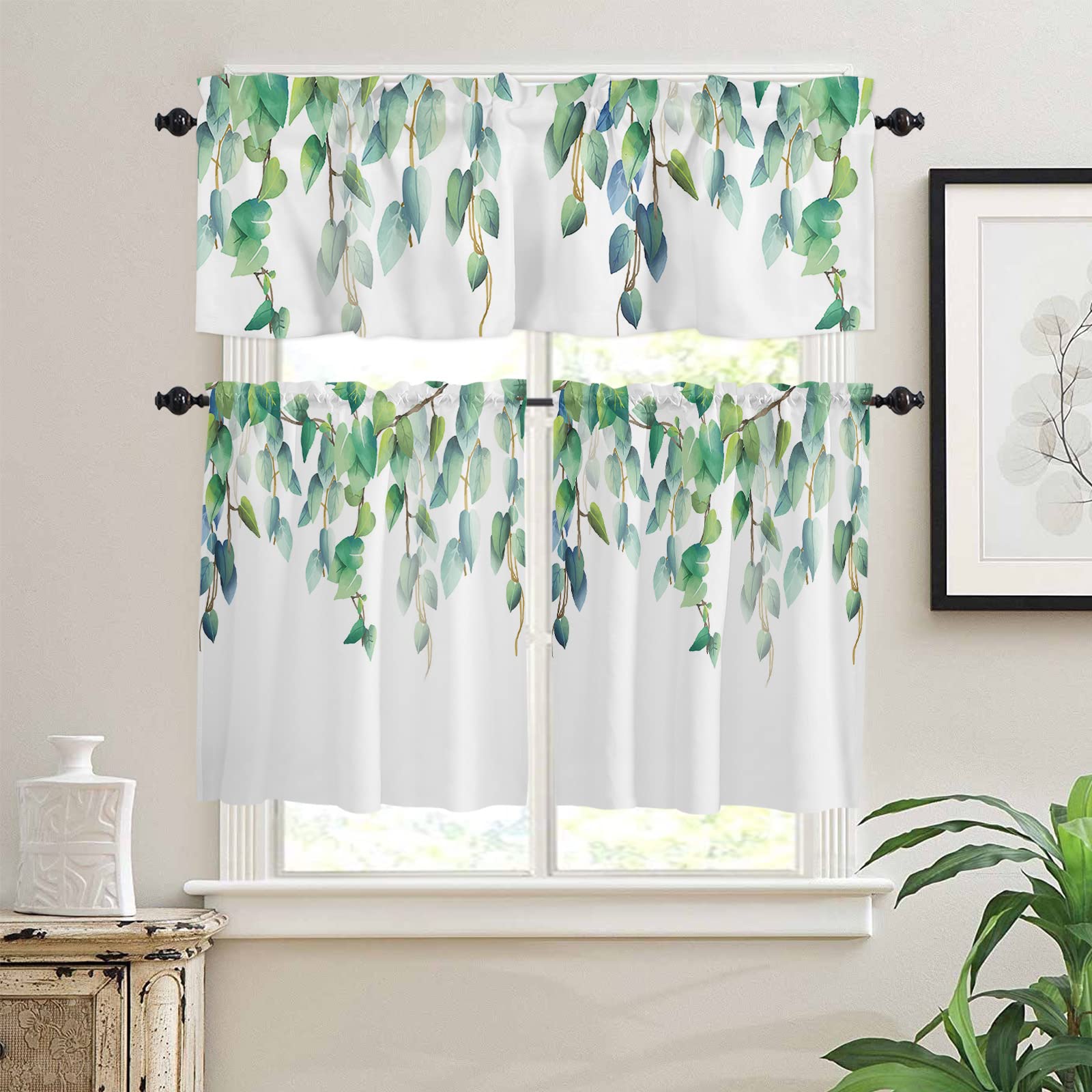 Country Style Kitchen Cafe Curtain Set - 3 Piece Spring Green Leaf Design with Rod Pocket, Short Window Valances & Panels for Privacy - Perfect for Bedroom, Living Room & Kitchen Windows - Watercolor Botanical Print on White Fabric