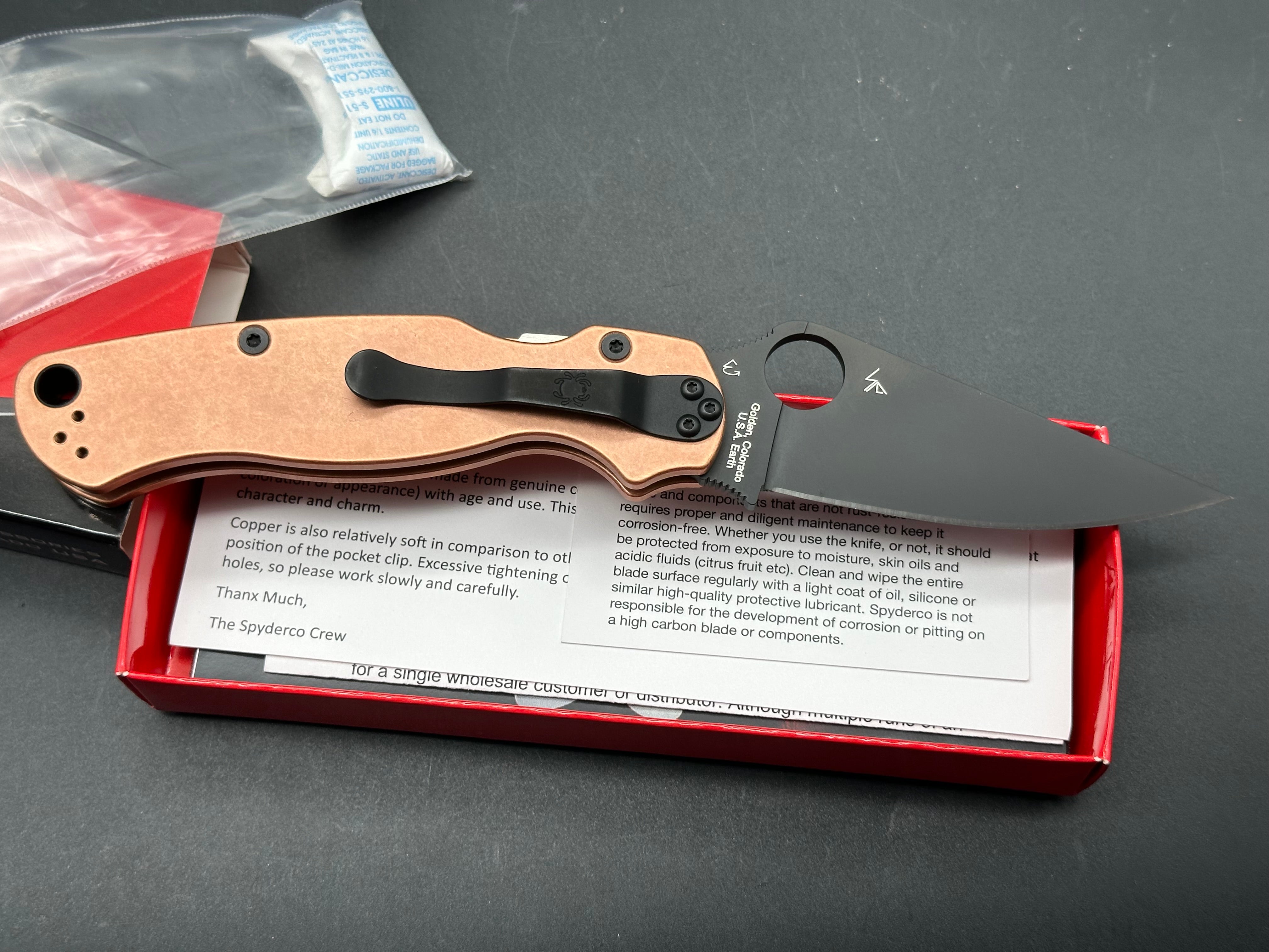 Spyderco Para 2 Folding Knife - Brand New in Box - Copper Rex45 Steel Blade - EDC, Camping & Outdoor Survival Tool
