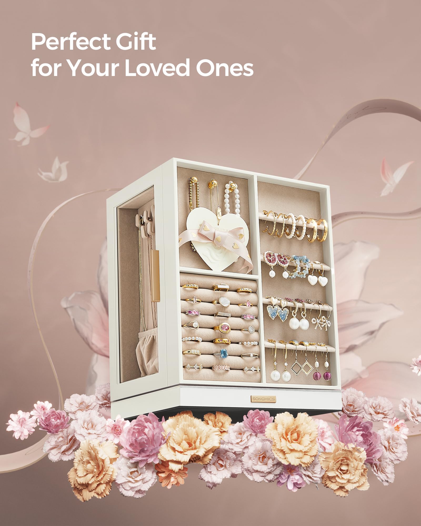 360° Rotating Jewelry Organizer Box with 5 Drawers & Glass Window - Spacious Vertical Jewelry Storage Case for Necklaces, Rings & Earrings - Perfect Gift for Women (Cloud White) | Bedroom Vanity, Closet & Travel Jewelry Organizer