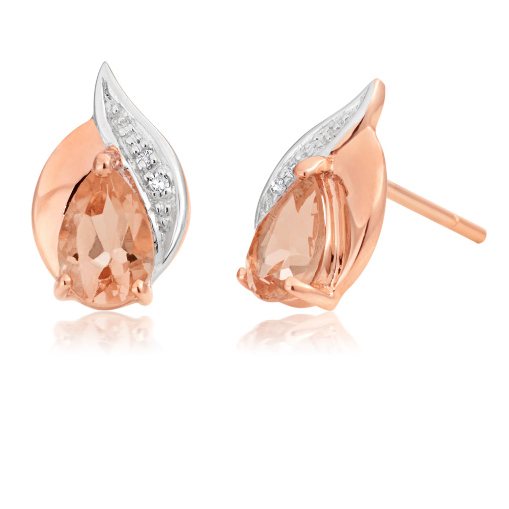9ct Rose Gold Morganite Diamond Stud Earrings - Elegant Pink Gemstone Jewelry for Women, Perfect for Weddings, Anniversaries & Special Occasions
