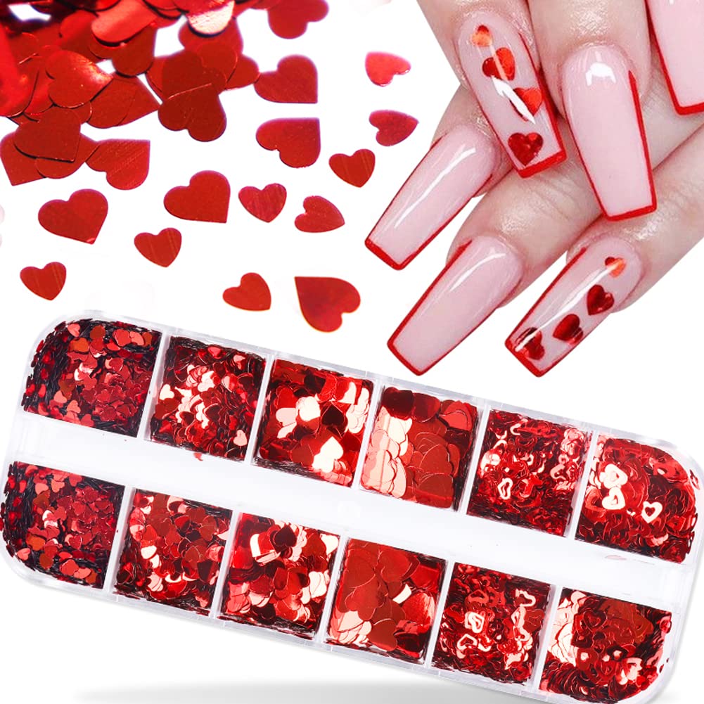 Valentine's Day Heart Nail Art Glitters - Holographic Red Heart Sequins & Flakes for Acrylic Nails - 12 Grid Manicure Decorations Kit - Perfect for Valentine's Manicures, DIY Nail Art & Party Nail Designs