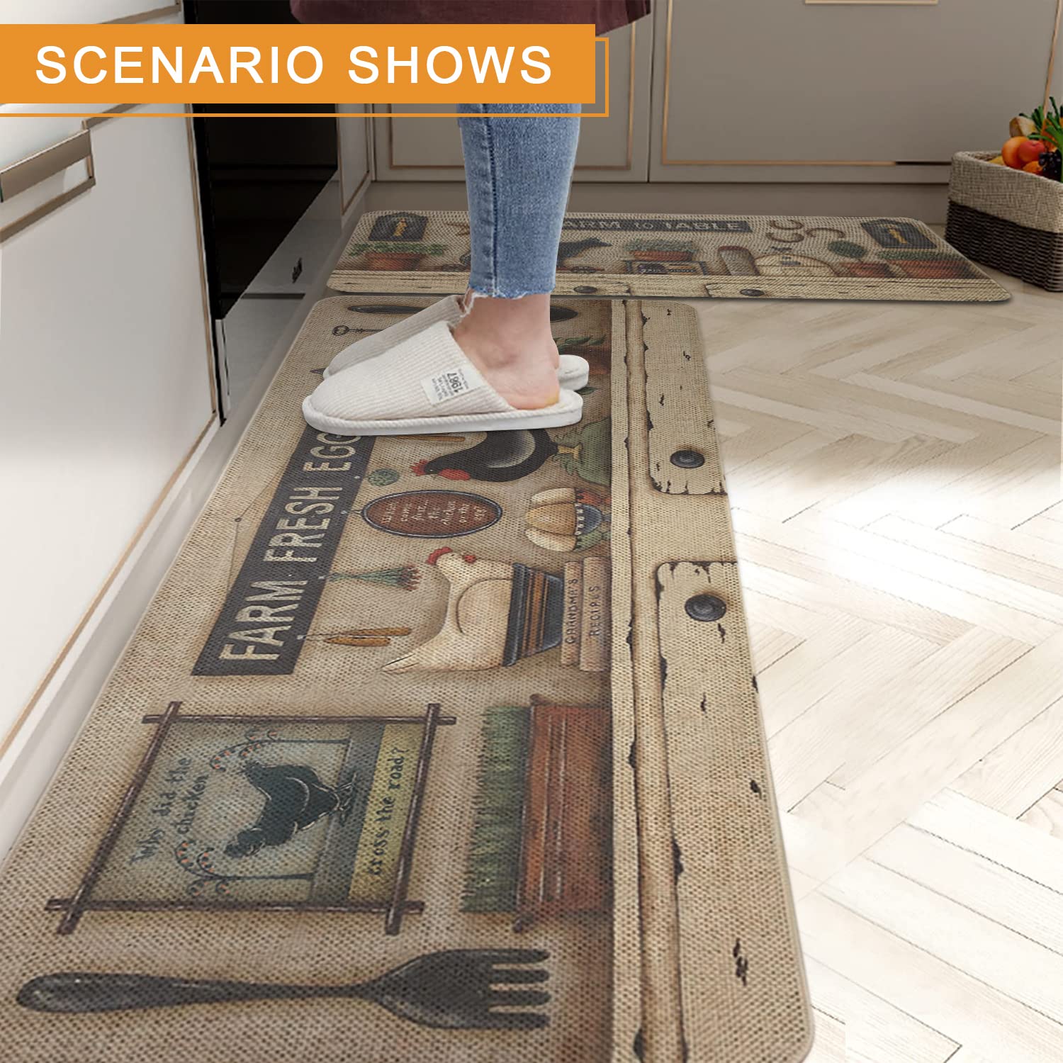 Farmhouse Kitchen Rugs Set of 2 - Non-Slip Washable Rooster Design Kitchen Mats (17x29 & 17x47 Inch) for Farmhouse Decor - Perfect for Country Kitchens, Entryways, and Cozy Home Spaces