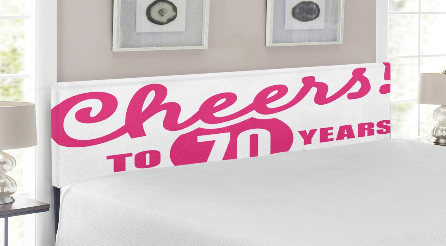Ambesonne King Size Upholstered Metal Headboard with Memory Foam - 70th Birthday Party Decor in Hot Pink & Black | Handwritten Calligraphy Design for Bedroom, Guest Room & Celebration Decor