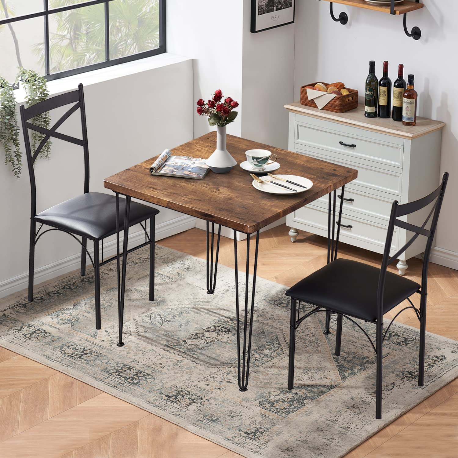 VECELO 3-Piece Small Space Dining Table Set with PU Cushion Chairs, Classic Brown - Perfect for Breakfast Nooks, Studio Apartments & Cozy Kitchenettes (Seats 2)
