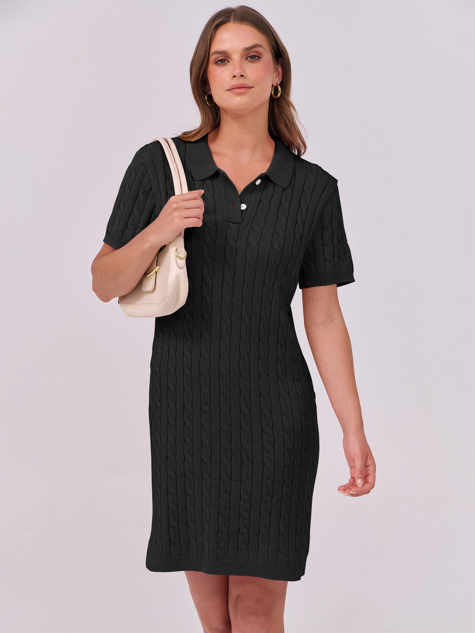 ANRABESS Women's Summer Short Sleeve V-Neck Cable Knit Polo Sweater Dress - Trendy Casual Mini Dress for 2025 | Perfect for Beach Outings, Date Nights & Weekend Brunch