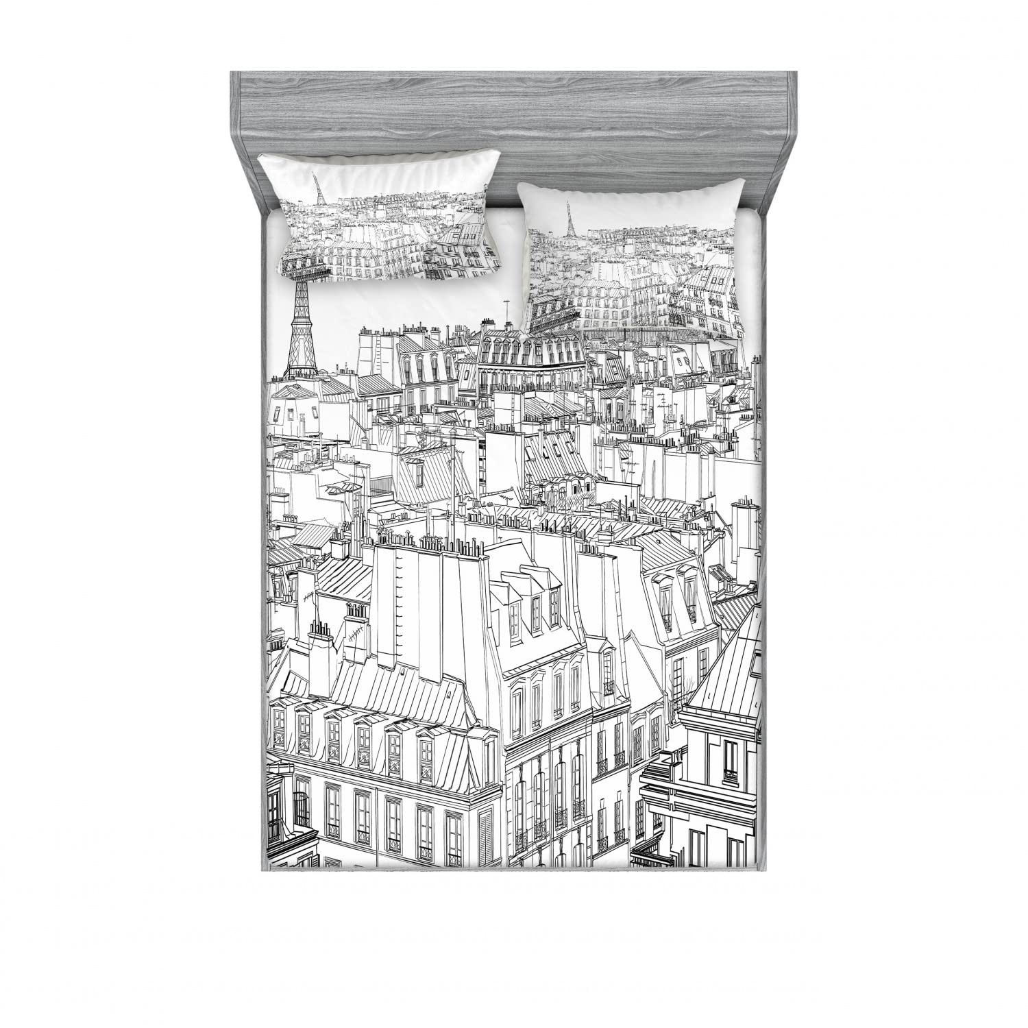 Ambesonne Paris 2-Pack King Size Fitted Sheet Set with Pillow Shams - Black & White Eiffel Tower & Paris Rooftop Design - 4 Piece Luxury Bedding Decor for Master Bedroom & Guest Room - Perfect for Paris Themed Decor & Home Staging