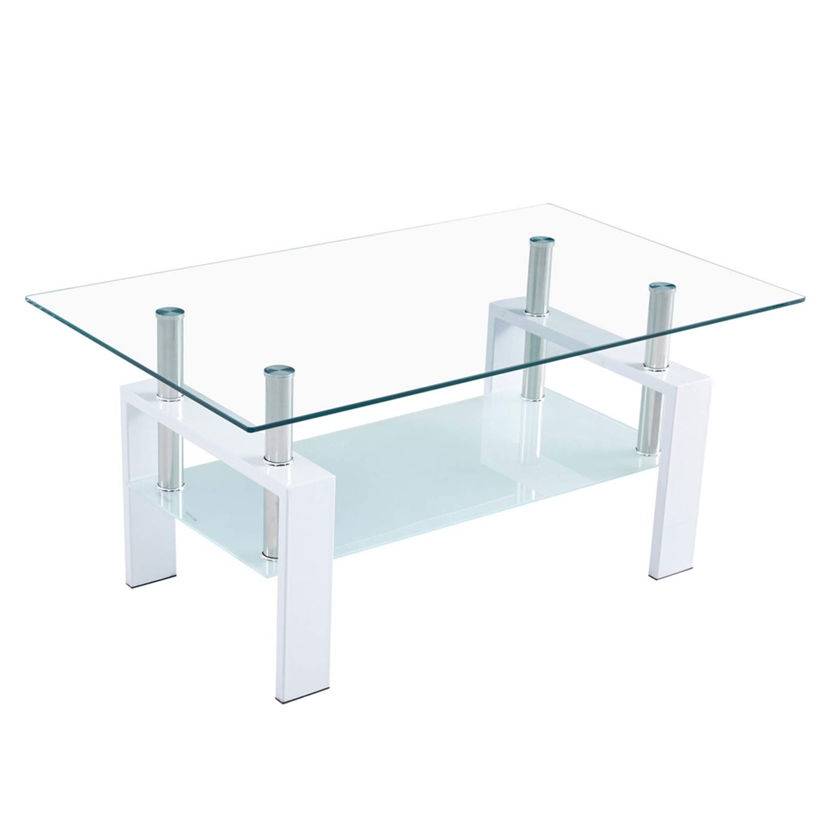 Modern Rectangle Glass Coffee Table with Sturdy Metal Frame & Storage Shelf - White | Minimalist Living Room Furniture for Sofa & Side Table Use | Durable & Stylish Home Decor for Small Spaces