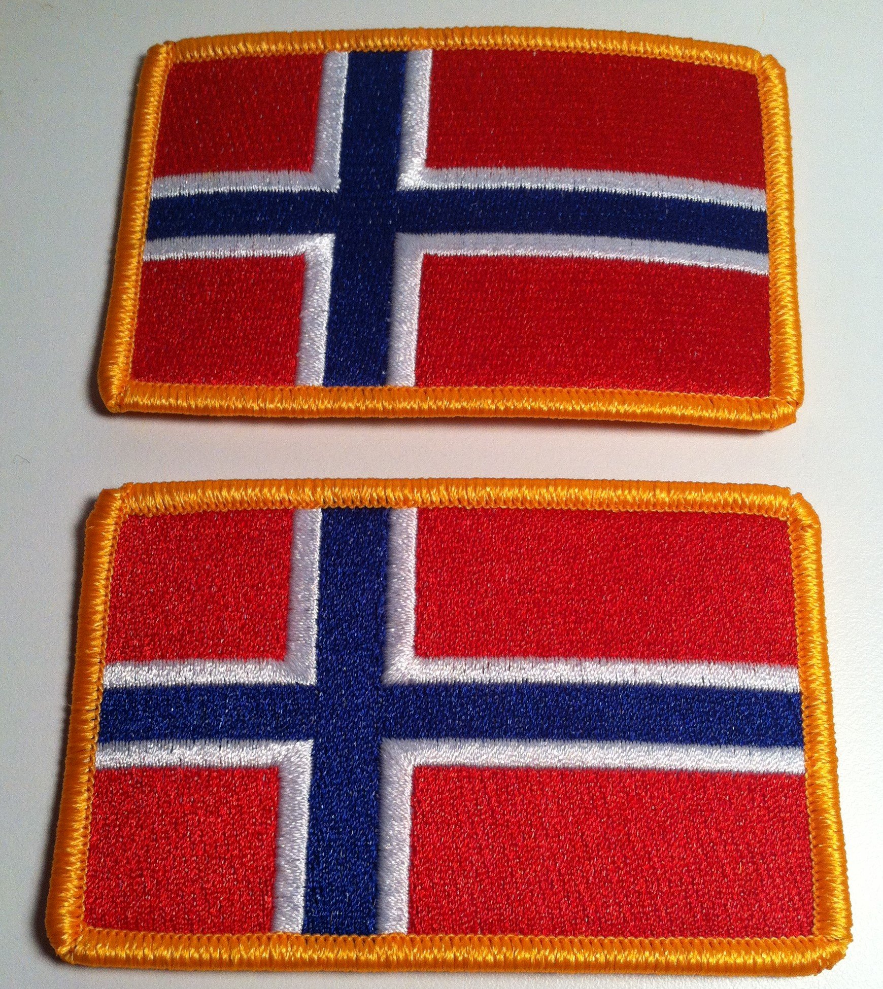2 Pack Norway Flag Iron-On Patches with Gold Border Embroidery - Perfect for Backpacks, Jackets & DIY Crafts