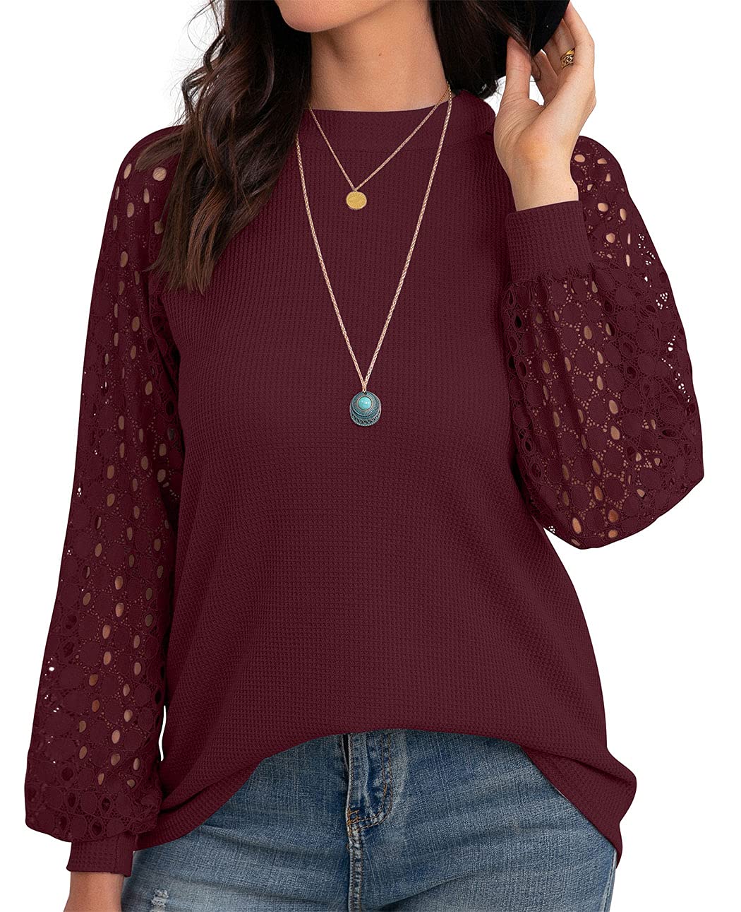 IWOLLENCE Women's Waffle Knit Blouse - Puff Sleeve Lace Tops for Casual Wear, Loose Fit T-Shirt (Long & Short Sleeve Options) | Perfect for Office, Date Night & Everyday Outfits