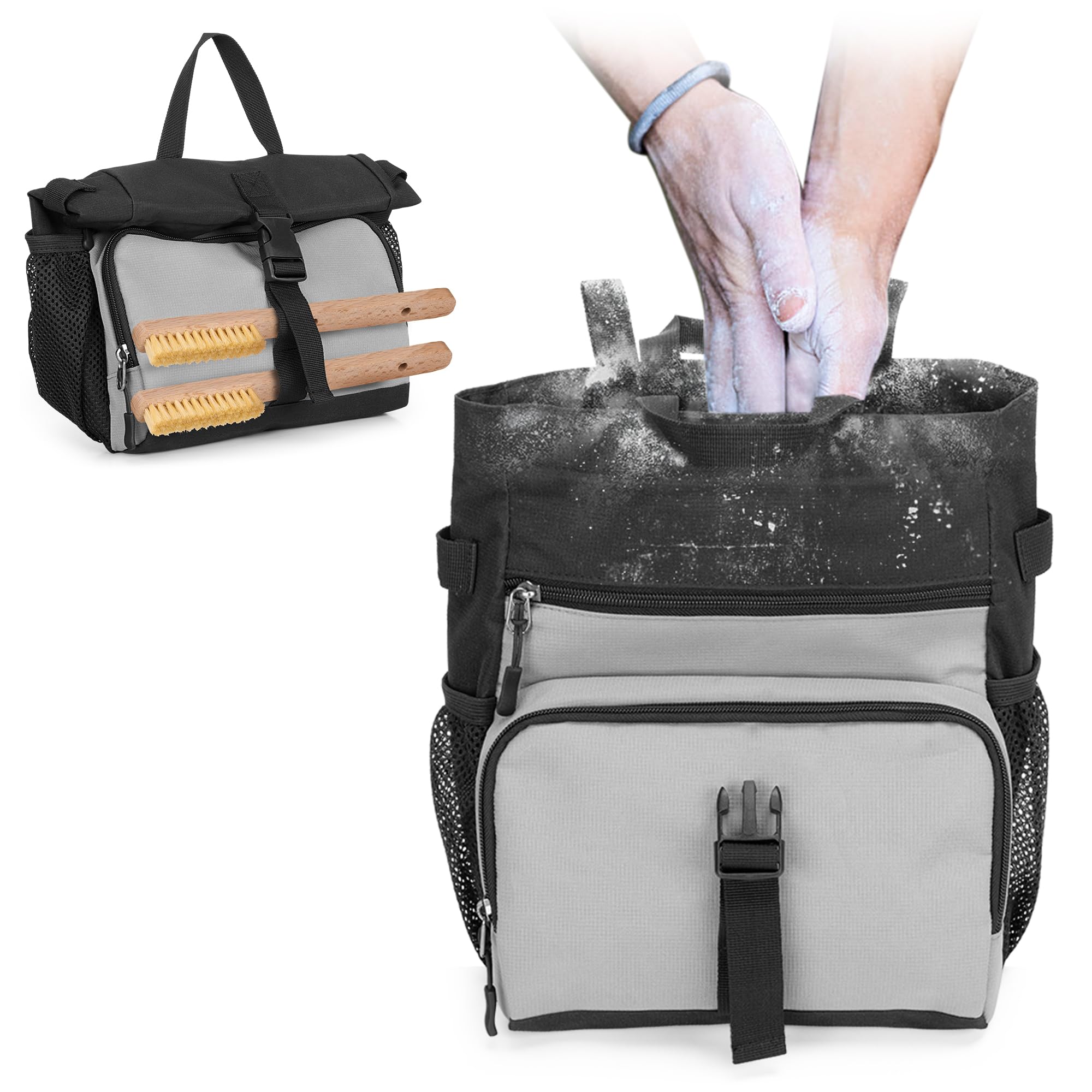 Premium Chalk Bucket Bag for Rock Climbing & Bouldering - Large Capacity with Aluminum Foil Lining, Magnetic Closure, Multiple Pockets & 2 Brush Holders (Patented Design) - Ideal for Indoor/Outdoor Climbing Gyms & Mountain Adventures