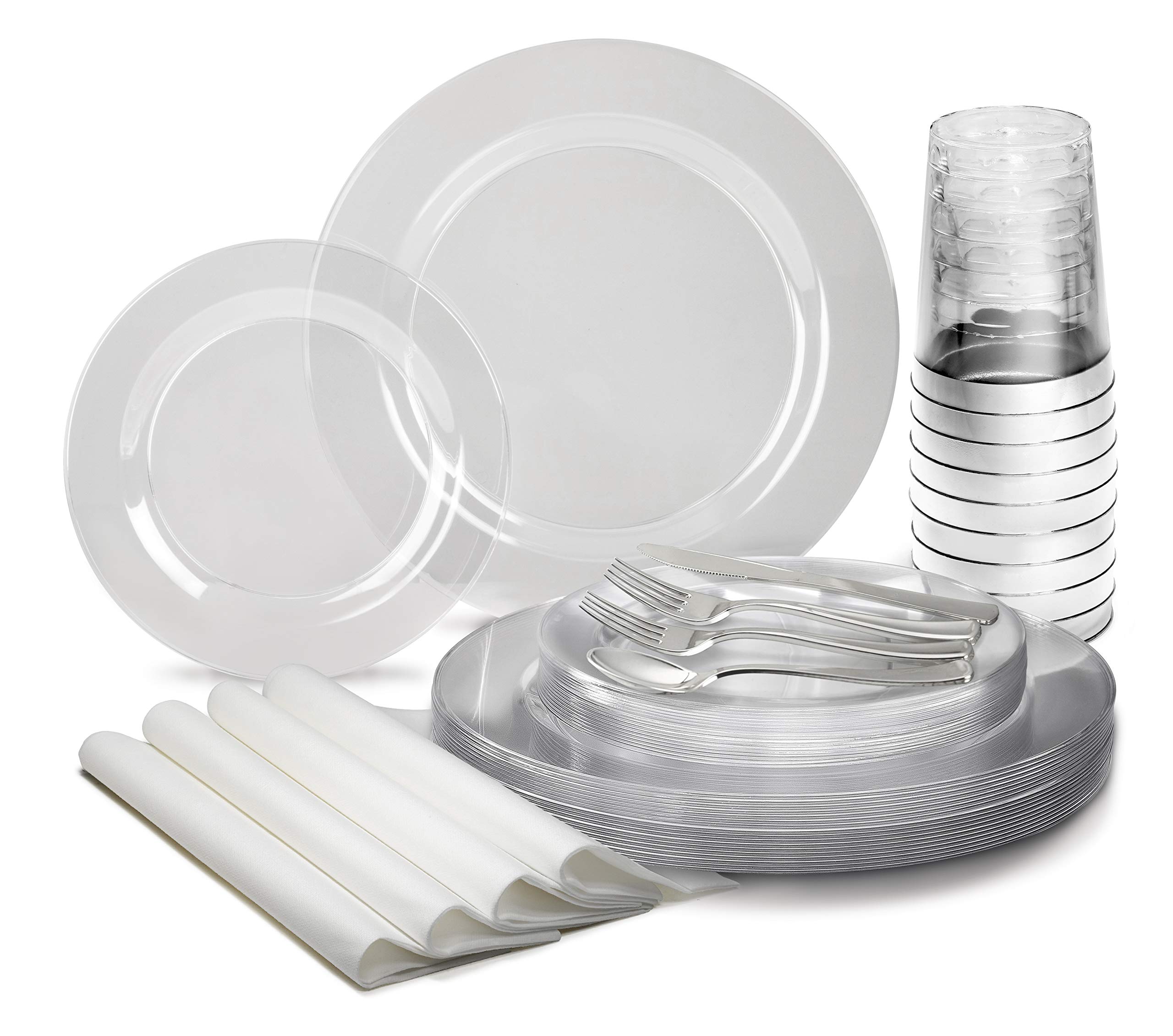 640-Piece Heavyweight Disposable Plastic Plate Set for 80 Guests - 10.5'' & 7.5'' Plates + Silverware + Cups + Linen-Like Napkins (Clear Plates, Silver Cutlery) - Perfect for Weddings, Parties, Catering & Large Events