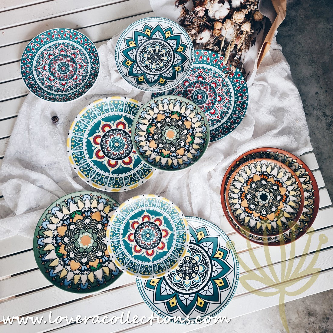 Mandala Green & White Salad Plate Set - Elegant Hand-Painted Ceramic Dinnerware for Home & Restaurant Use - Perfect for Salads, Appetizers, Desserts & Party Serving
