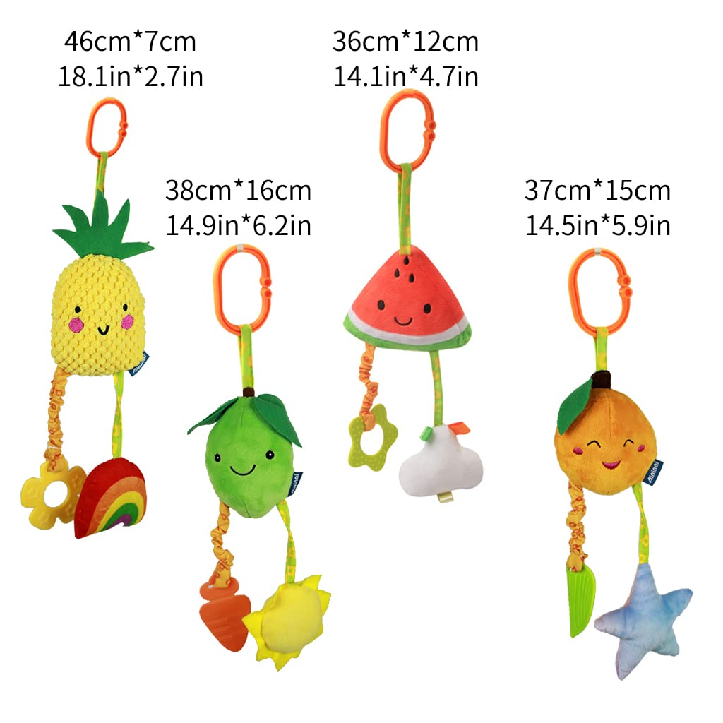 KAKIBLIN 4 Pack Baby Hanging Rattle Toys - Soft Squeaky Teether Toys for Newborns 0-12 Months | Car Seat, Stroller & Crib Activity Toys for Boys & Girls | Fruit-Themed Developmental Toys for Travel & Playtime