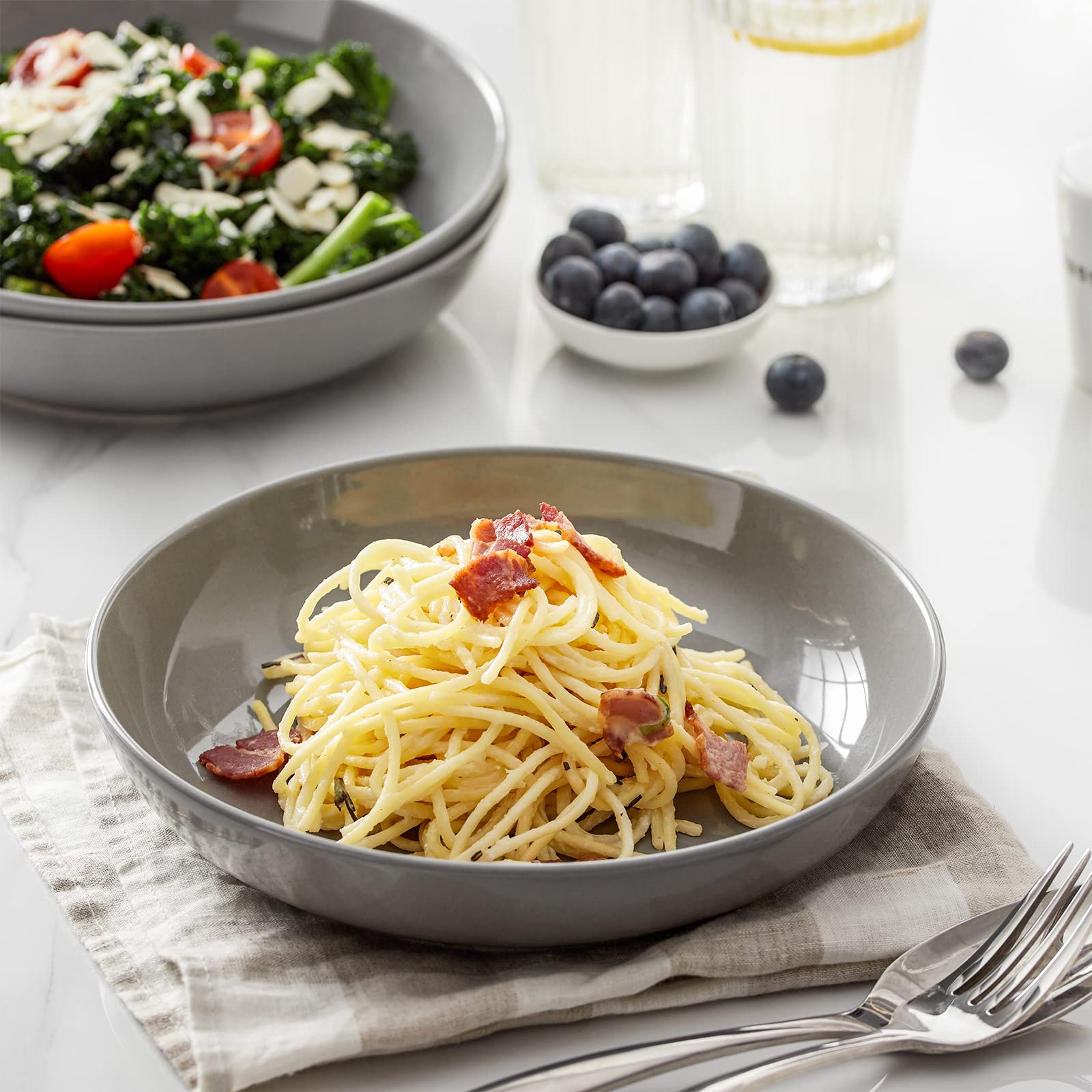 8.5'' Pasta Bowls Set of 6 - 30oz Large Porcelain Salad & Soup Bowls - Microwave & Dishwasher Safe Matte Gray Serving Dishes for Dinner, Kitchen, Restaurant & Party Use