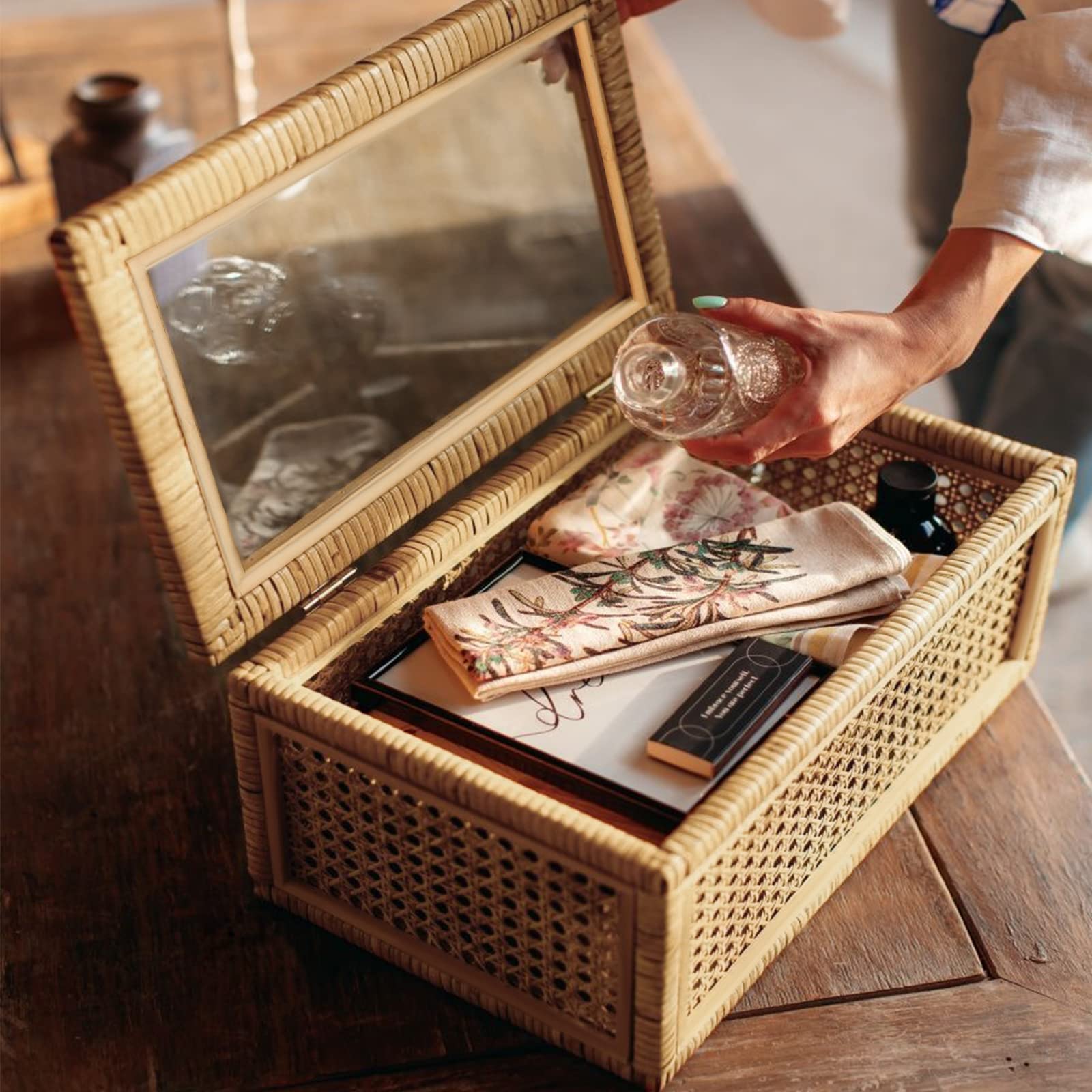 Handwoven Boho Rattan Storage Boxes with Glass Lids - Set of 2 Natural Woven Cane Organizer Bins for Home Decor, Jewelry & Bathroom Storage | Stylish Rectangular Display Box for Shelves, Dressers & Vanities