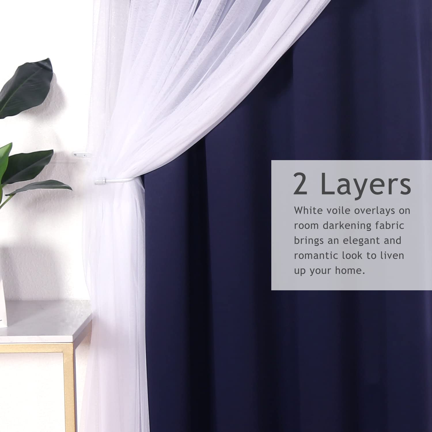 BONZER White Sheer Tulle Overlay Blackout Curtains with Grommet Top - 52x95 Inch Navy Living Room Curtains (Set of 2 Panels) for Bedroom, Nursery & Home Theater Light Control