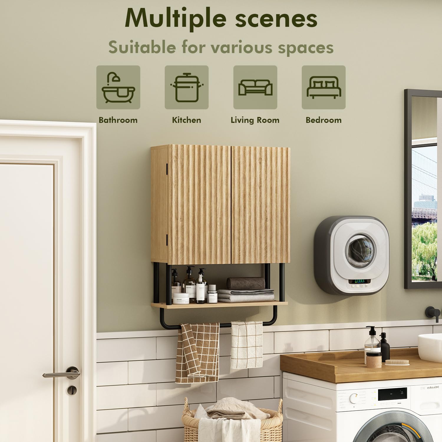 RUSTOWN 2-Door Fluted Bathroom Wall Cabinet - 3-Tier Modern Farmhouse Medicine Cabinet with Adjustable Shelf & Towel Bar - Over The Toilet Storage (Natural, Medium) - Perfect for Small Bathrooms, Vanity Organizer & Towel Storage