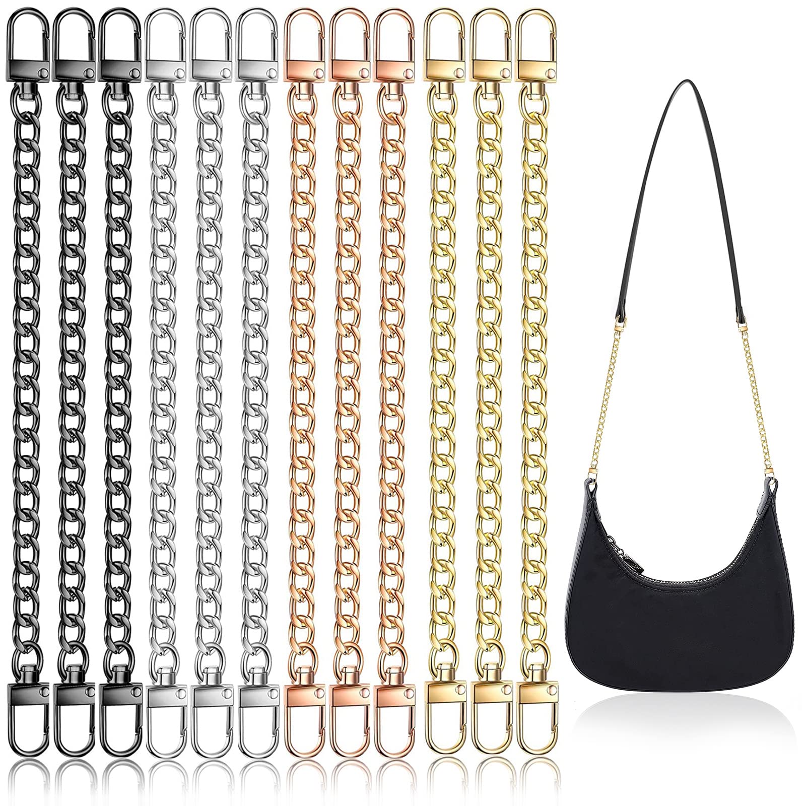 12-Piece Purse Chain Strap Set - Vintage Metal Flat Chain Strap Extender & Replacement Handle (7.9 Inch) for Crossbody Bags - Black, Silver, Gold, Rose Gold - Perfect for Handbag Accessories & Fashion Decoration | Ideal for Everyday Use, Parties & Travel