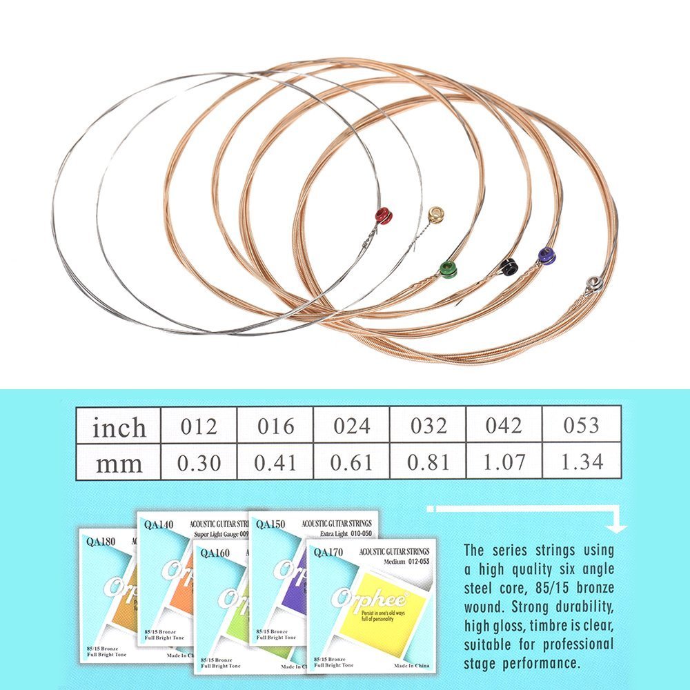 Orphee QA170 Acoustic Guitar Strings - 6-Pack Set (.012-.053) Hexagonal Steel Core with 85/15 Bronze Wound - Medium Tension for Folk & Country Music | Perfect for Live Performances, Studio Recording & Practice Sessions