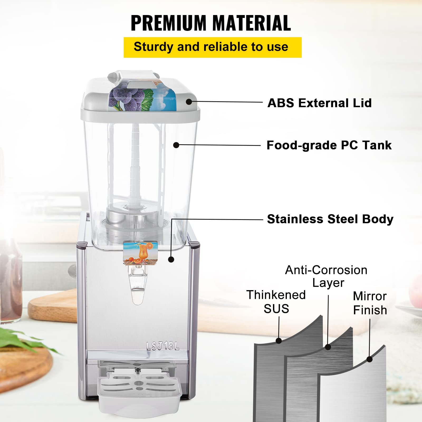 VEVOR 110V Commercial Beverage Dispenser, 4.8 Gallon (18L) Stainless Steel Juice & Iced Tea Dispenser with Thermostat Control - 200W Food-Grade Drink Dispenser for Restaurants, Cafes, and Catering Events