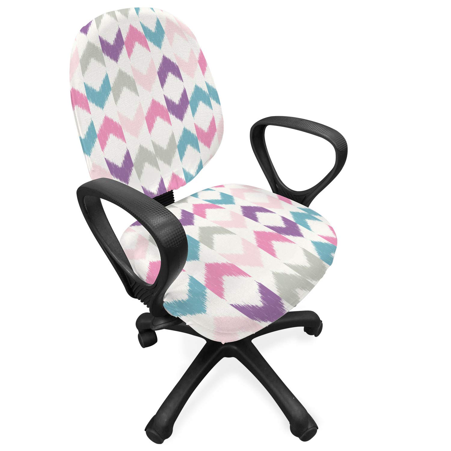 Ambesonne Geometric Office Chair Slipcover - Oriental Chevron & Ikat Boho Print Stretch Fabric Cover, Standard Size, Violet Pink Teal - Washable Decorative Chair Cover for Home Office, Living Room, Dorm Room