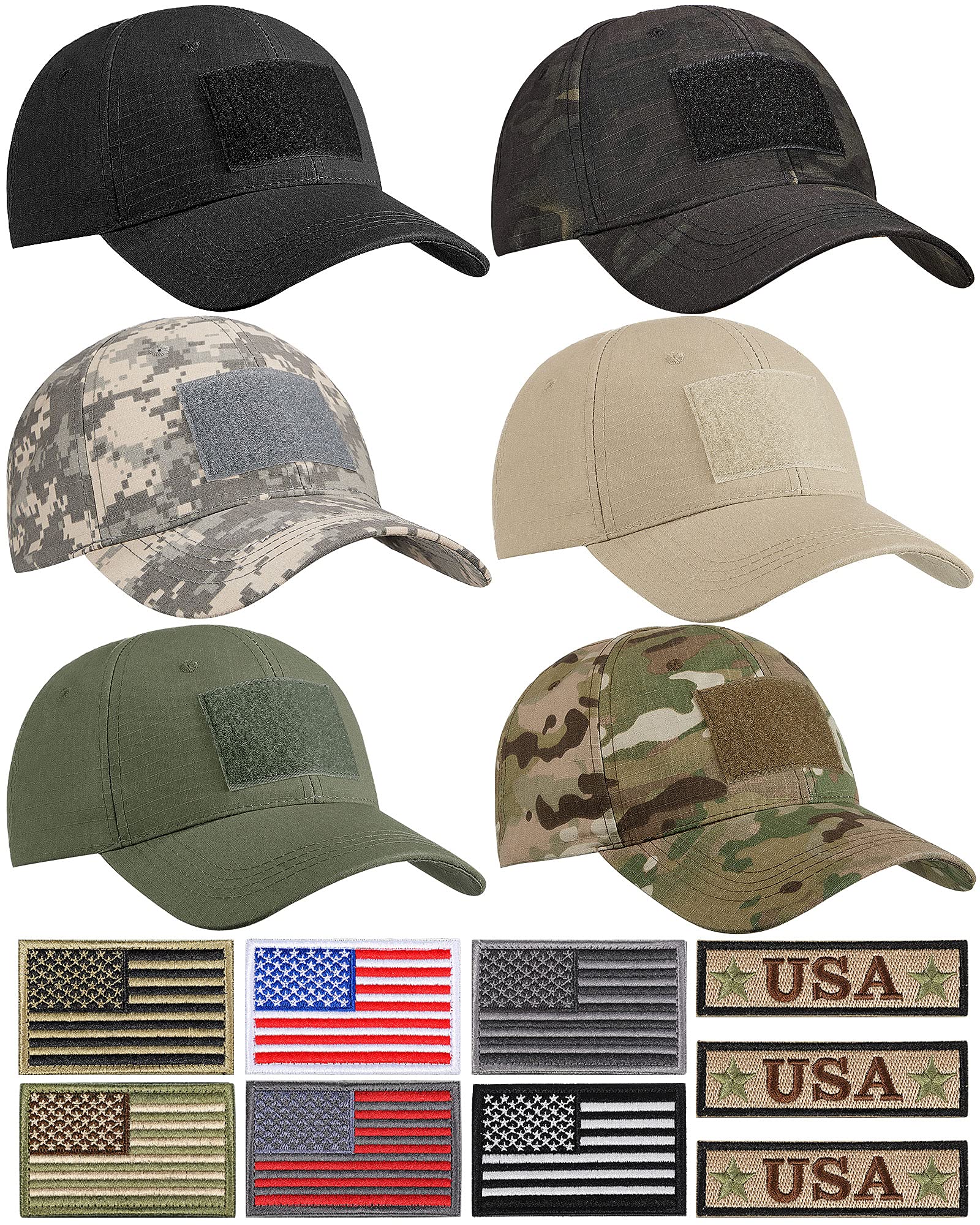Geyoga 6-Pack Military Tactical Hats for Men - Camouflage Army Caps with 9 USA Flag Patches - Outdoor Hunting, Airsoft, Hiking & Tactical Gear Accessories