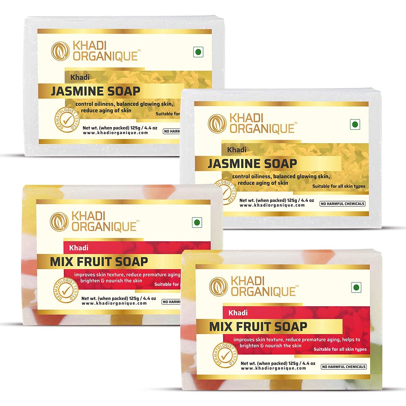 Organic Khadi Jasmine & Mixed Fruit Herbal Soap Combo - Pack of 4 | Natural Skin Care for Dry & Sensitive Skin | Perfect for Daily Use, Gift Sets & Spa Days