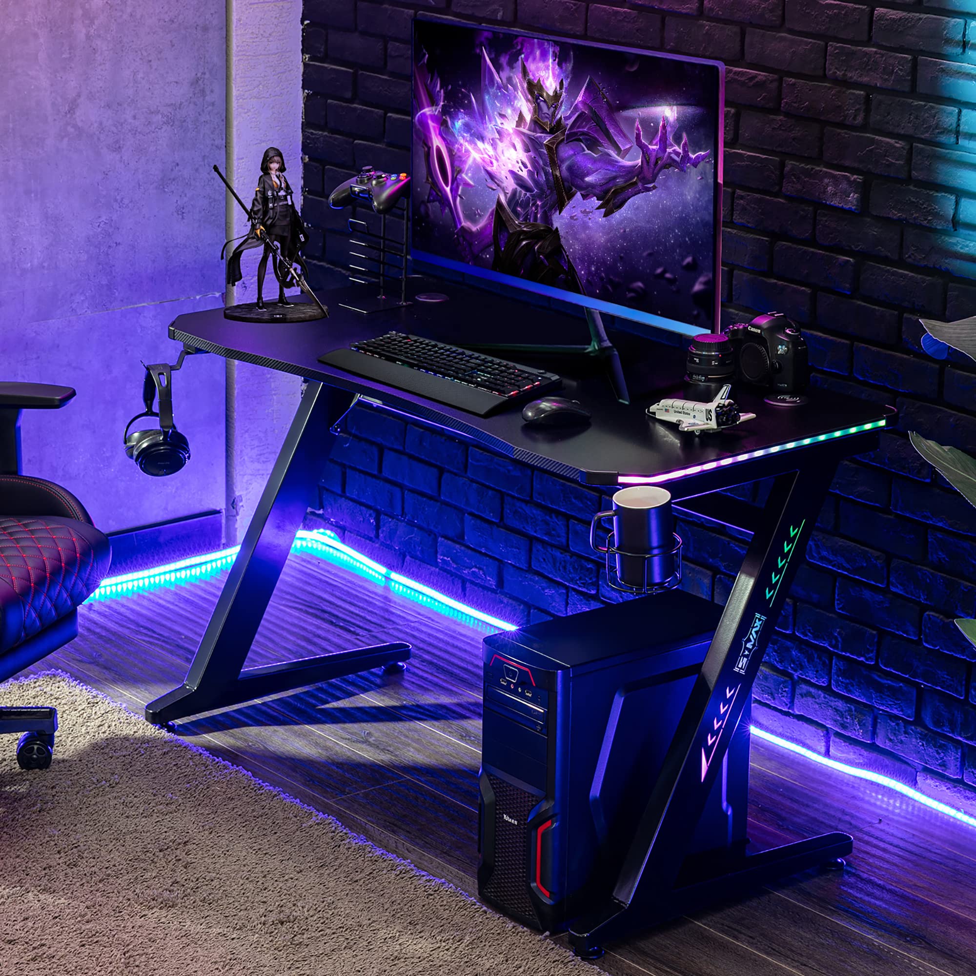 S*MAX 47 Inch Gaming Desk with LED RGB Lights, Carbon Fiber Finish, Wireless Charging & USB Ports - Z-Shaped Computer Desk for Home Office, Cup Holder & Headphone Hook - Perfect for PC Gaming, Streaming & Work Setup