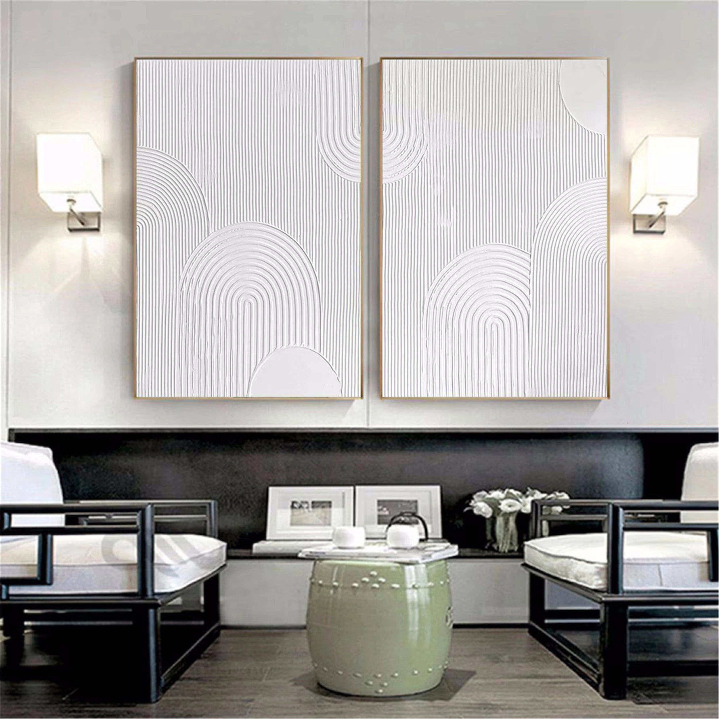 Modern White Minimalist Textured Canvas Wall Art Set of 2 - Abstract Handmade Paintings for Living Room & Bedroom Decor #MM150