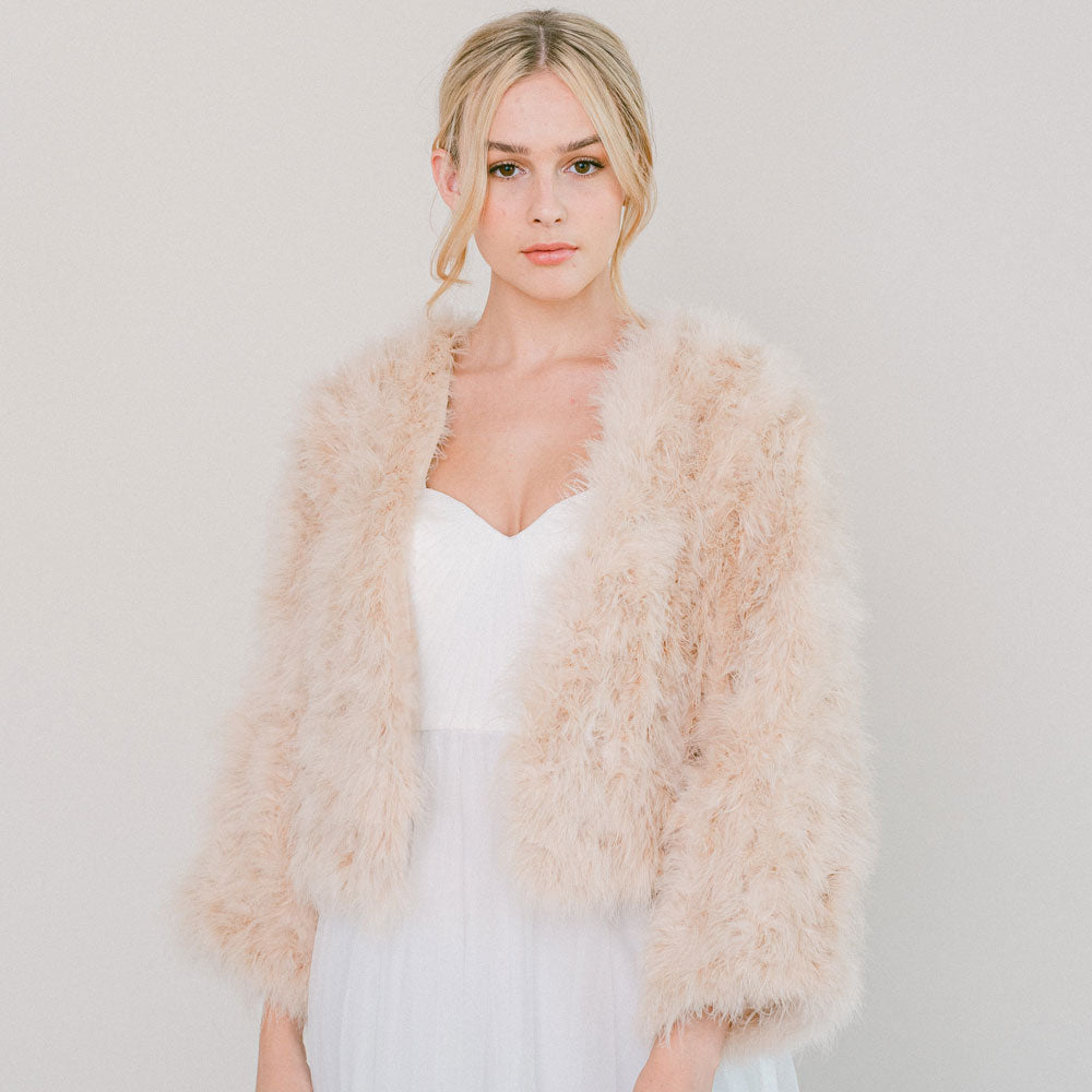 Elegant Champagne Feather Bridal Jacket for Weddings – Perfect for Brides, Bridesmaids, and Formal Events