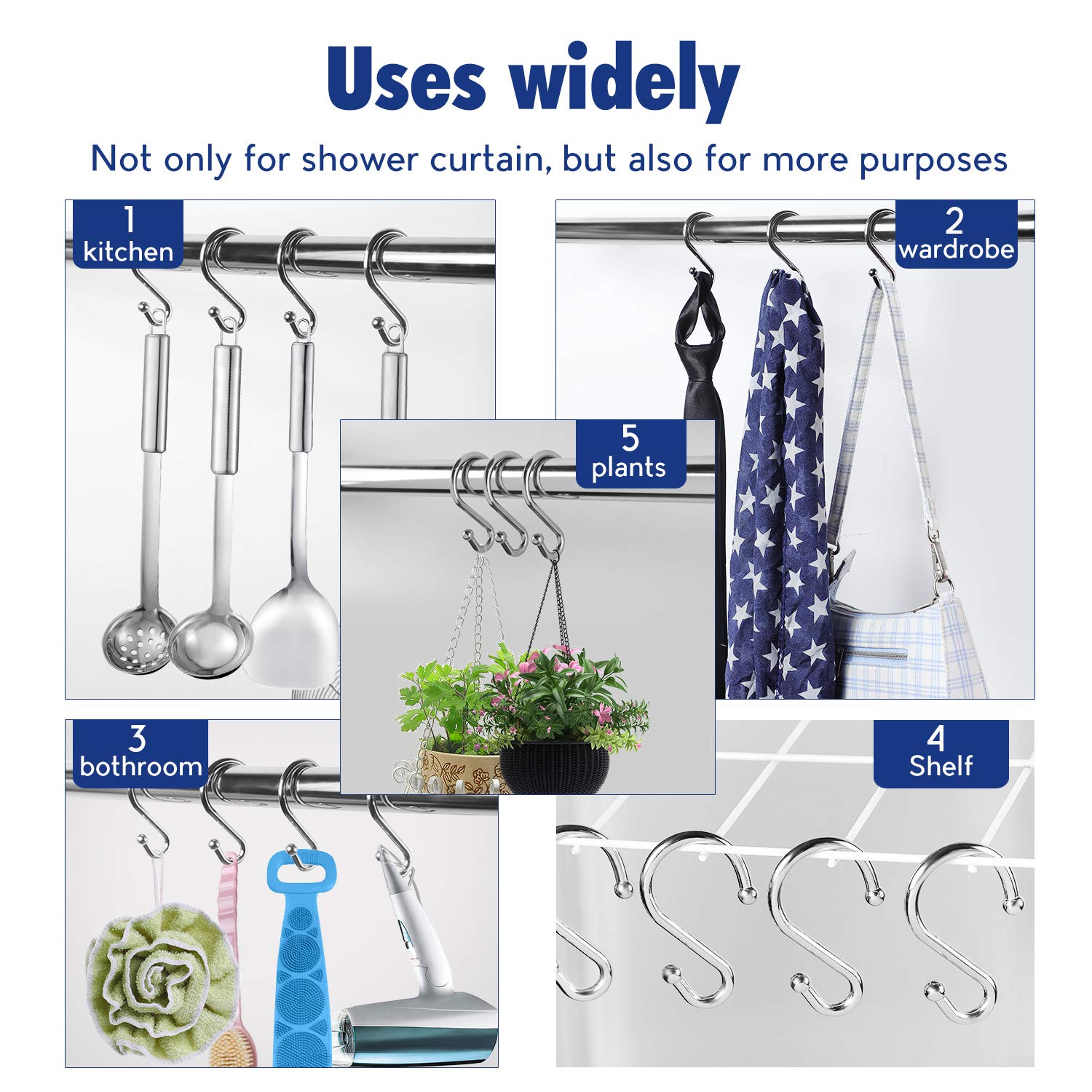 12-Pack Rust-Resistant Metal S-Shaped Shower Curtain Hooks - Chrome Finish for Bathroom, Kitchen, Closet & Towel Organization | Durable Hangers for Shower Curtains, Utensils, Clothing & Home Decor