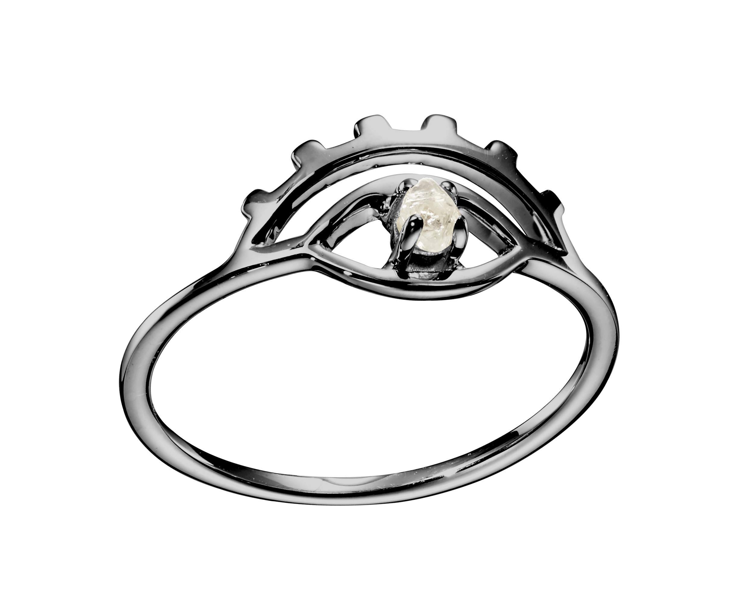 Majade Evil Eye Raw Diamond Ring - Handmade 9K Black Gold Uncut Diamond Jewelry with Eye of Horus Symbol | Unique Rough Conflict-Free Diamond Ring for Spiritual Protection & Fashion Statement | Perfect for Boho Chic, Gift Giving & Everyday Wear