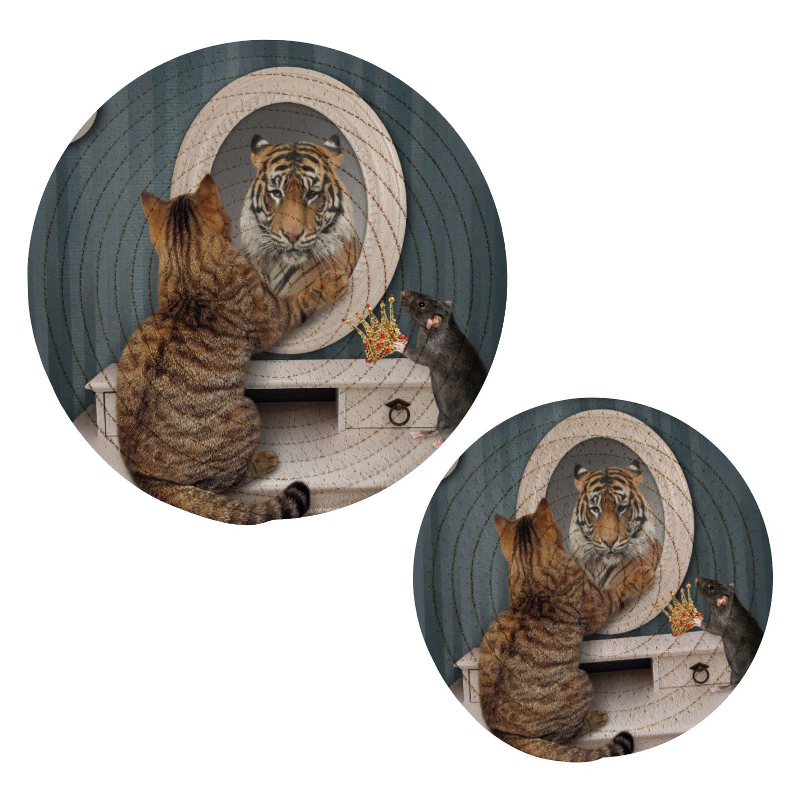 Beige Cat & Tiger Pot Holders Set of 2 - Heat Resistant Trivets for Hot Dishes, Cute Animal-Themed Cotton Woven Hot Pads for Pans, Bowls & Teapots - Perfect for Kitchen Decor & Dinner Party Serving