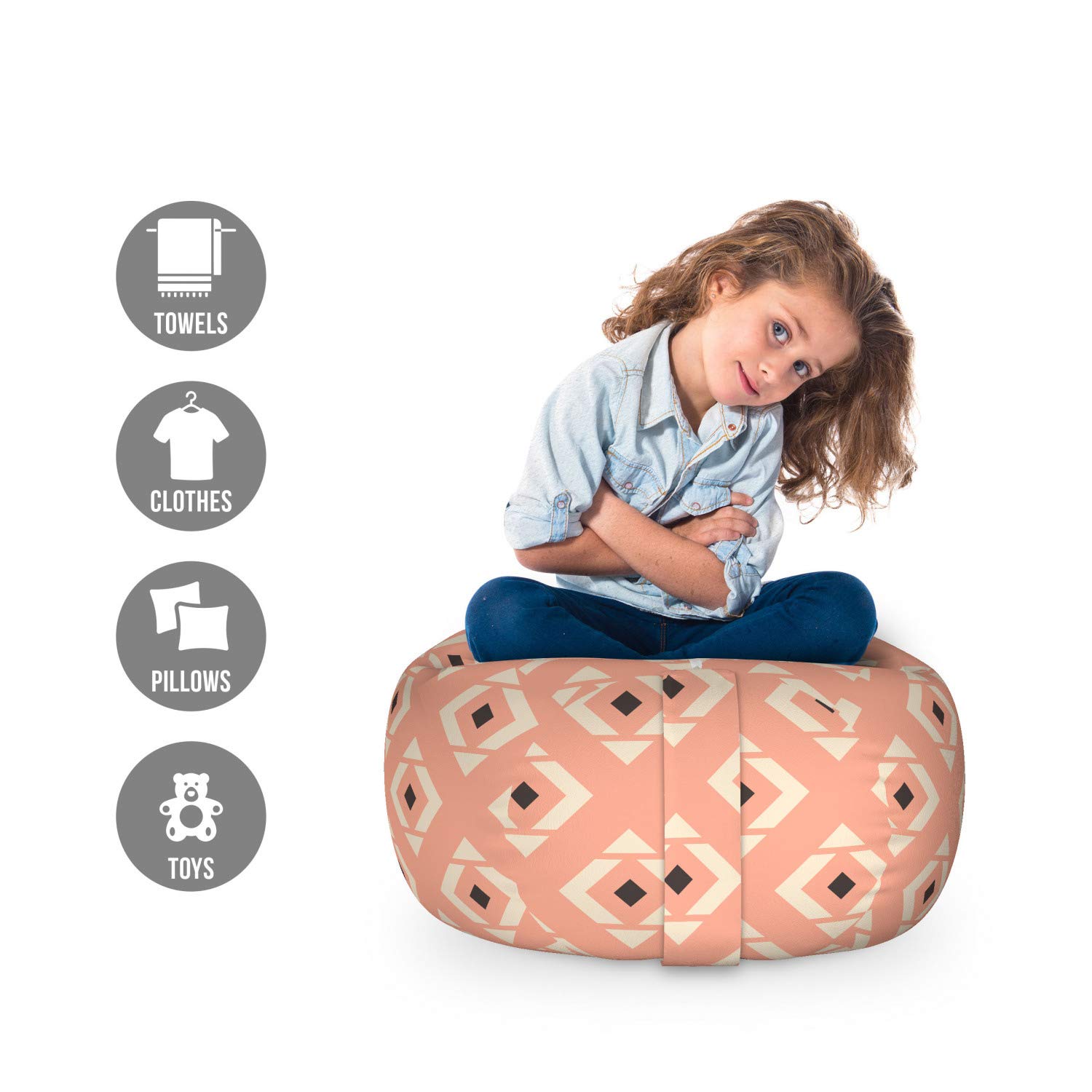 Ambesonne Abstract Toy Storage Bag Chair - Geometric Rhombus Design in Muted Peach Champagne Tones, Washable Stuffed Animal Organizer for Kids Room | Perfect for Playroom Organization & Nursery Decor