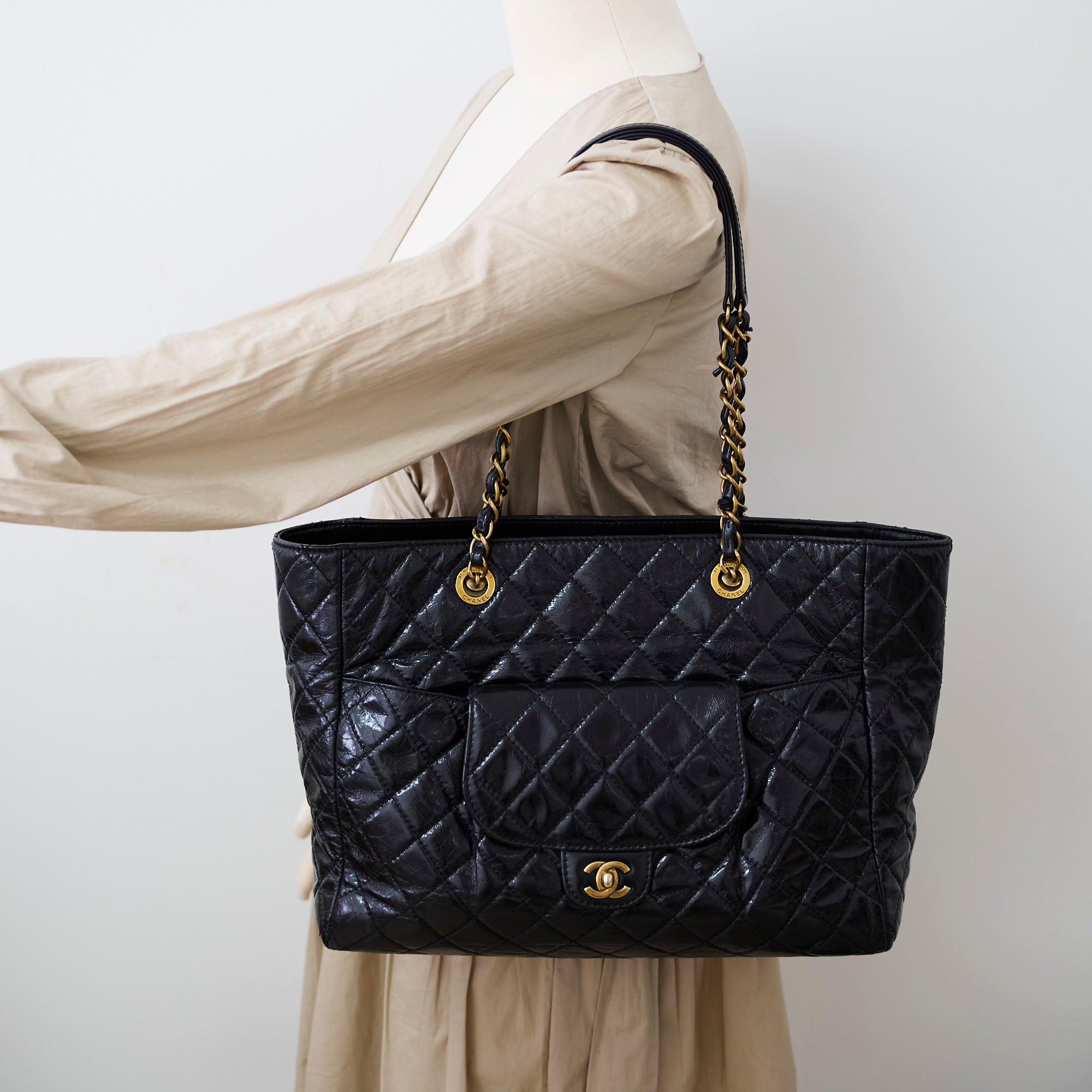 Chanel Black Shiny Calfskin Large Front Pocket Tote Bag - Luxury Designer Handbag for Women, Perfect for Work, Travel & Everyday Use