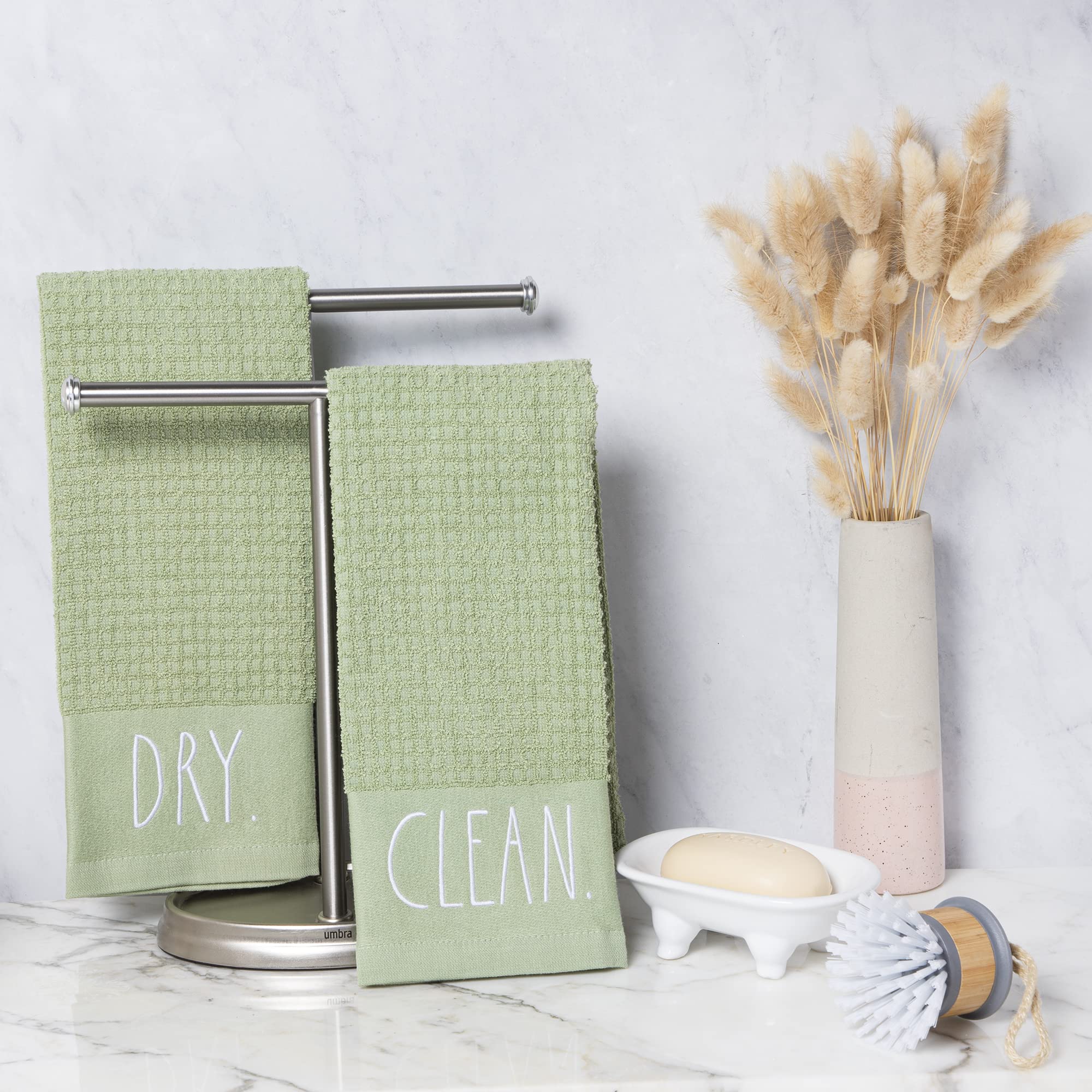 Rae Dunn 2-Pack 100% Cotton Embroidered Hand Towels for Kitchen & Bathroom - Sage Green Decorative Dish Towels | Perfect for Drying Dishes, Bathroom Decor & Farmhouse Style Homes
